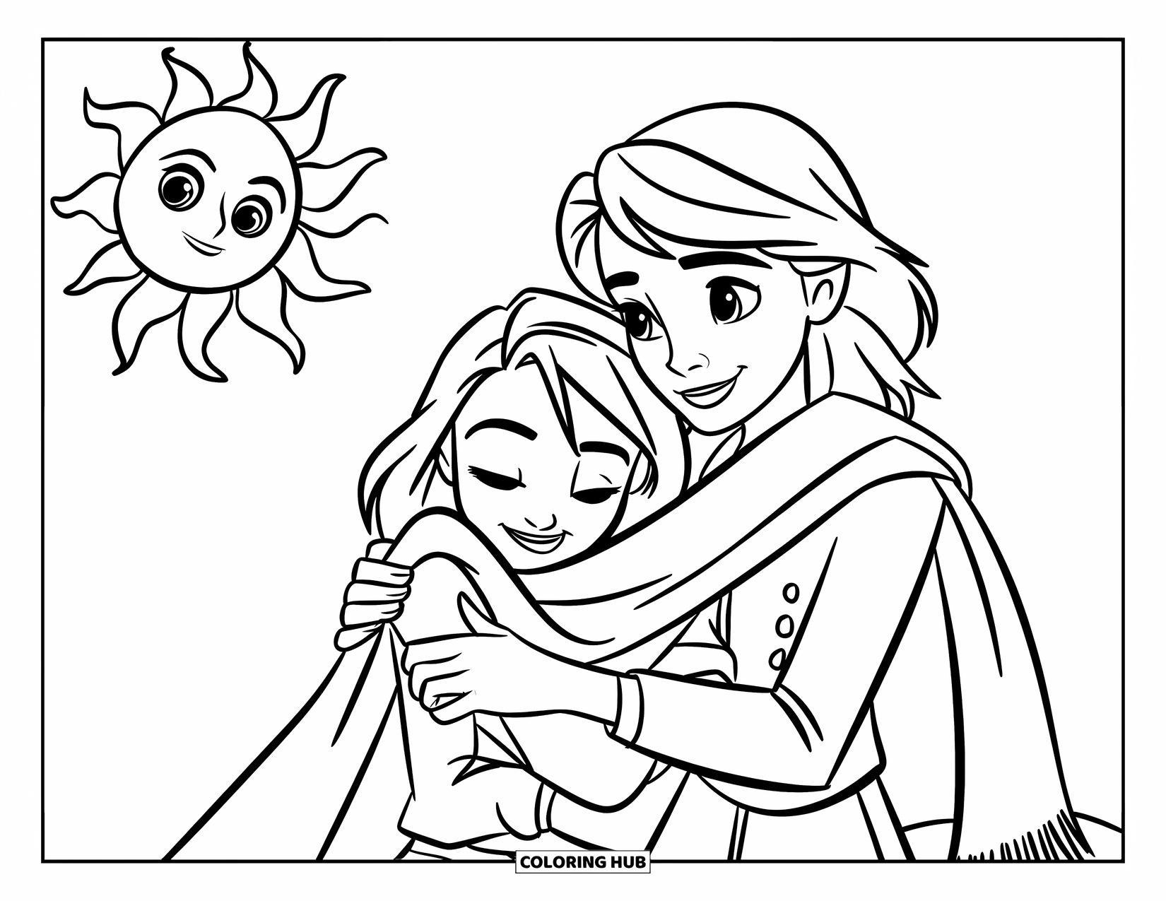 Happy Mothers Day Coloring Page for Kids: A happy teen bundles their mom in a warm scarf beneath a bright sun