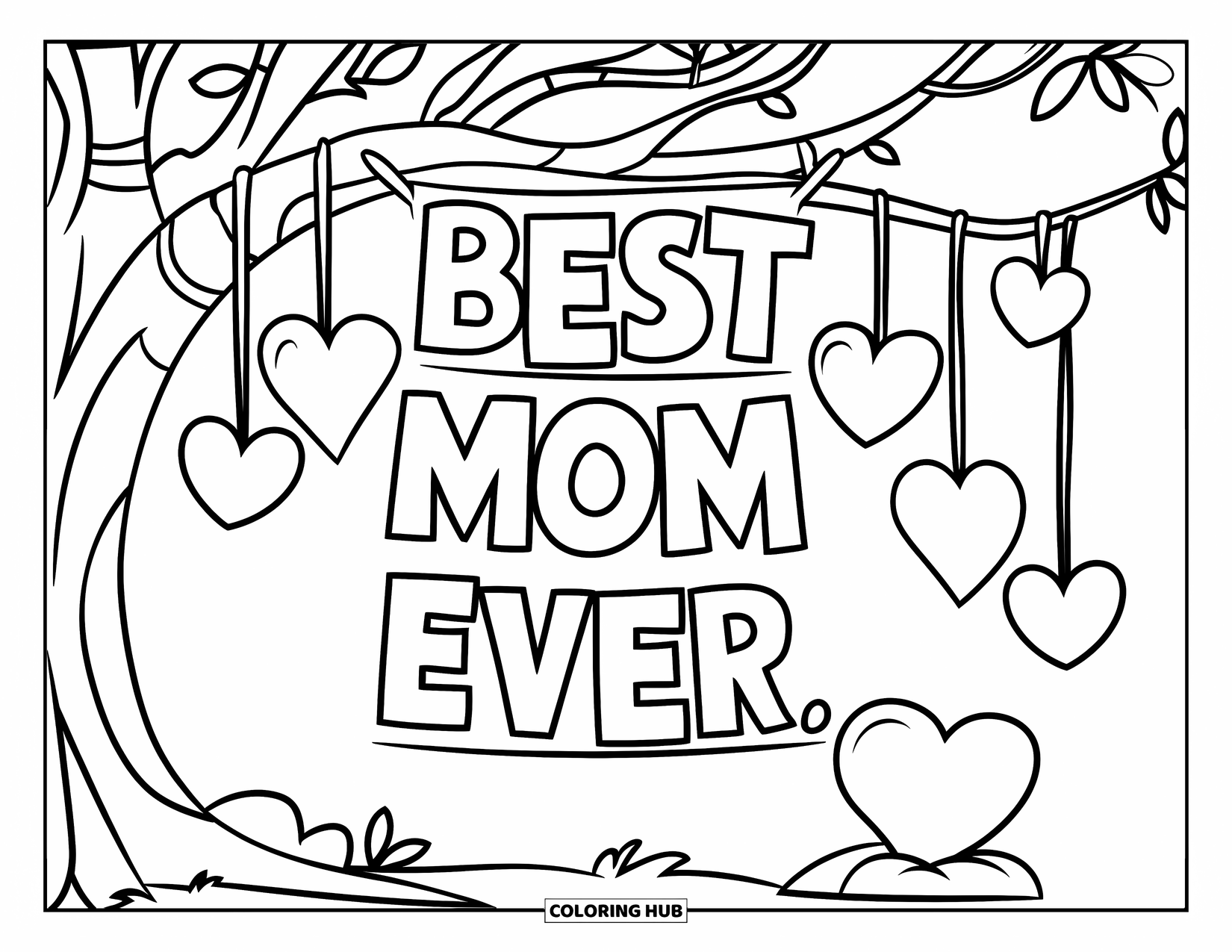 Happy Mothers Day Coloring Page for Kids: A heart-filled tree displays a "Best Mom Ever" banner