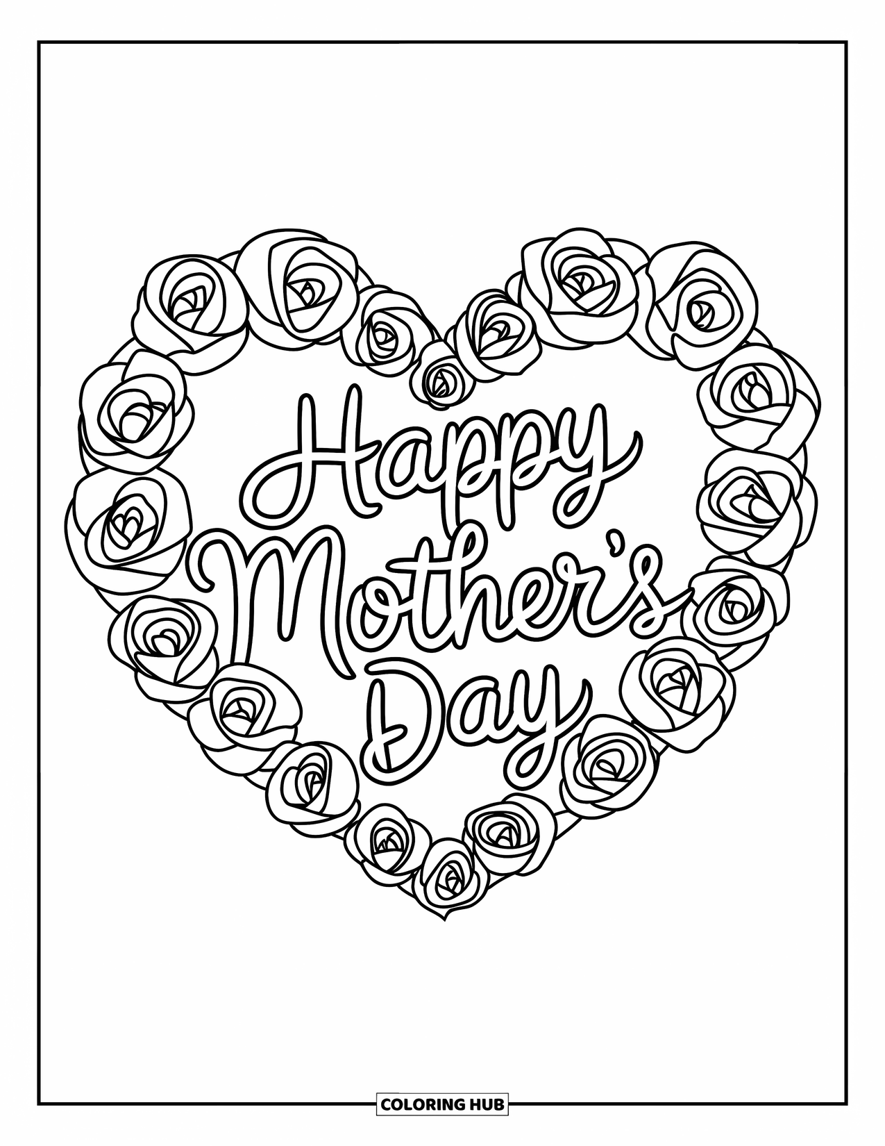 Happy Mothers Day Coloring Page for Kids: A heart of roses surrounds "Happy Mother's Day" in sweet style