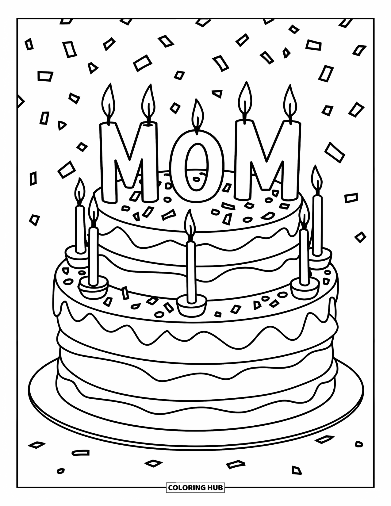 Happy Mothers Day Coloring Page for Kids: A joyful cake with "Mom" candles surrounded by confetti