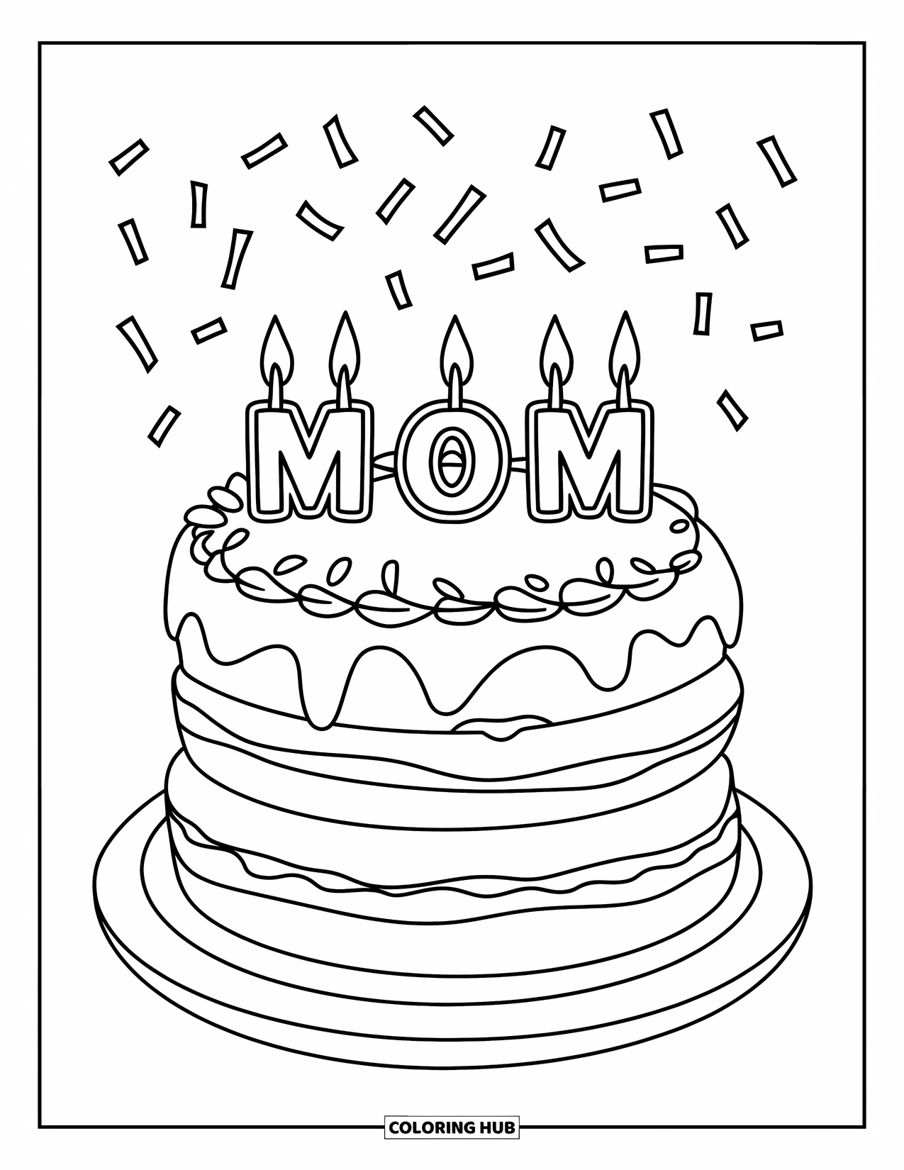 Happy Mothers Day Coloring Page for Kids: A layered cake with "Mom" candles shines with love and sprinkles