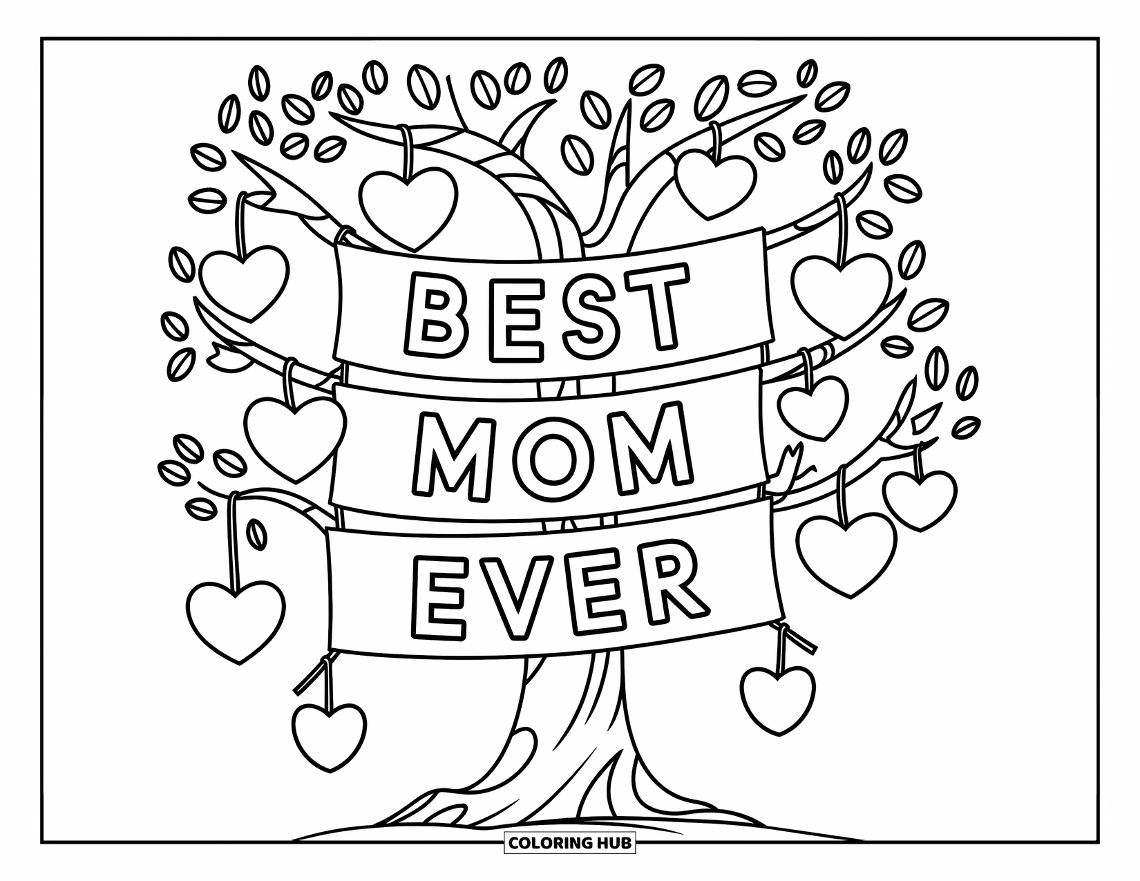 Happy Mothers Day Coloring Page for Kids: A loving tree with hanging hearts says "Best Mom Ever"