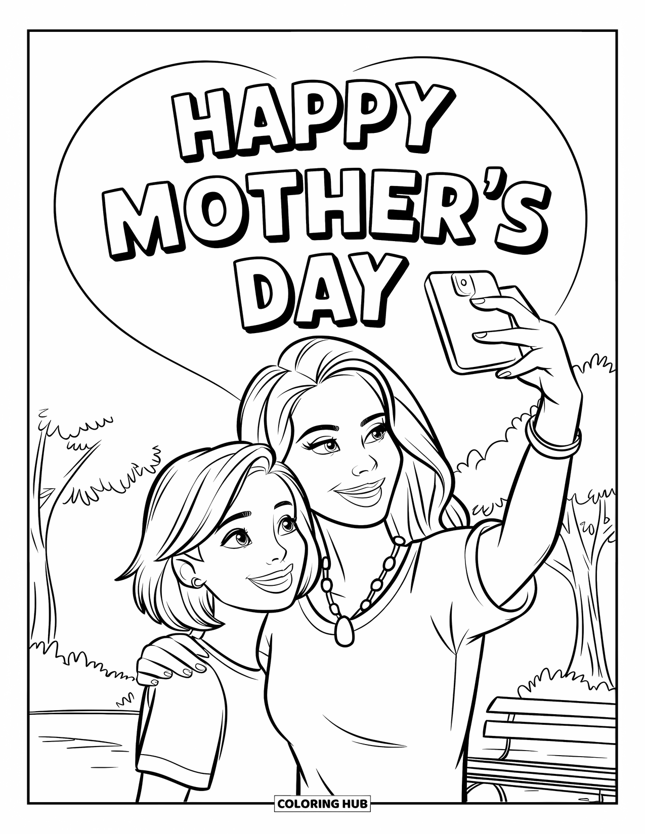 Happy Mothers Day Coloring Page for Kids: A mom and daughter take a joyful selfie in the park
