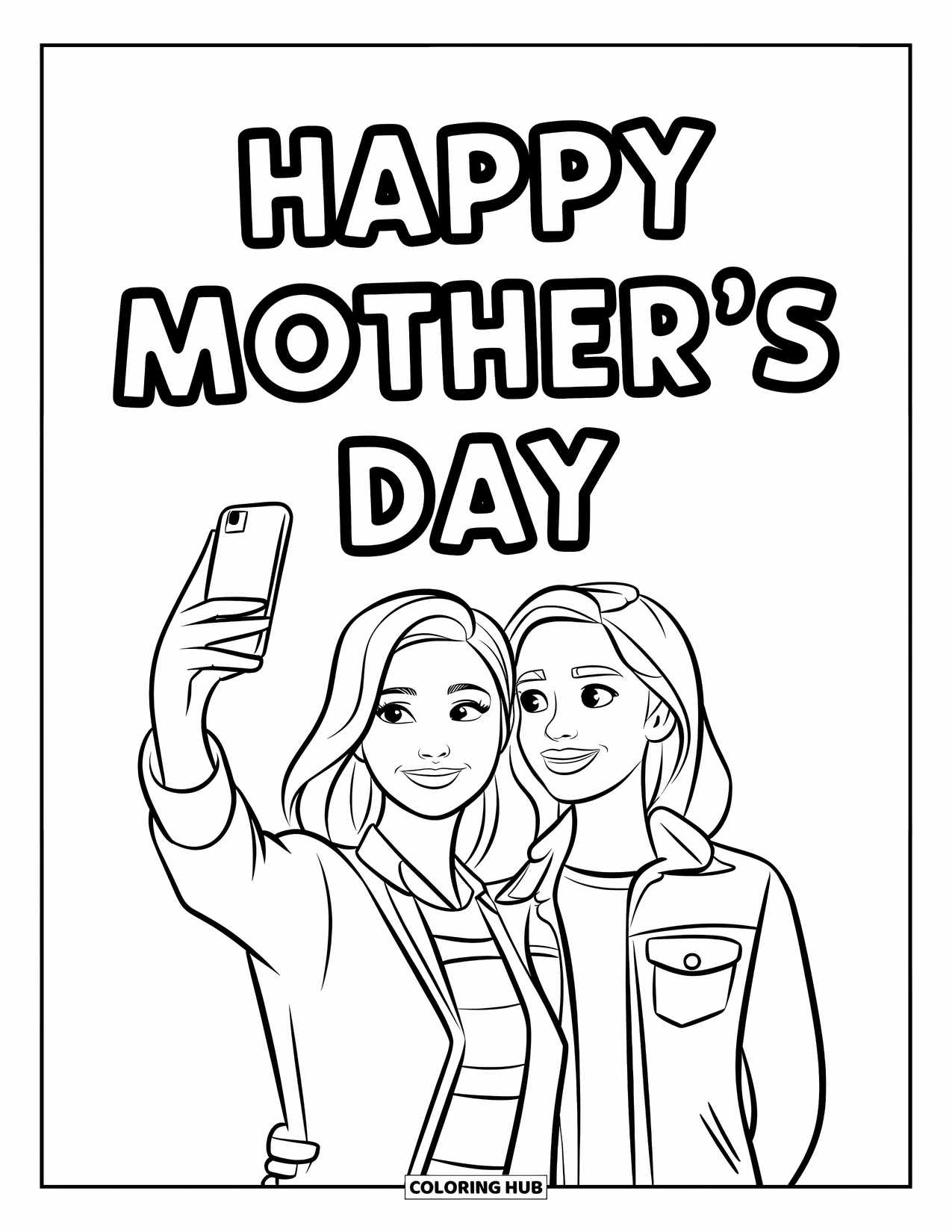 Happy Mothers Day Coloring Page for Kids: A mom and teen smile for a selfie on Mother's Day