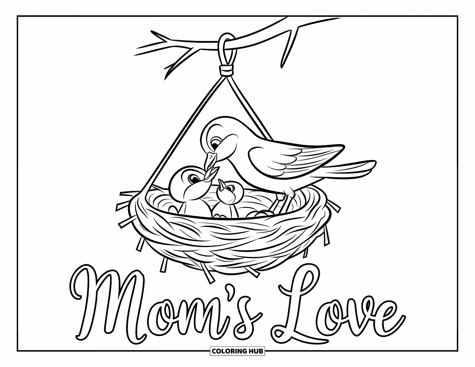 Happy Mothers Day Coloring Page for Kids: A mother bird feeds her baby in a nest labeled "Mom's Love"
