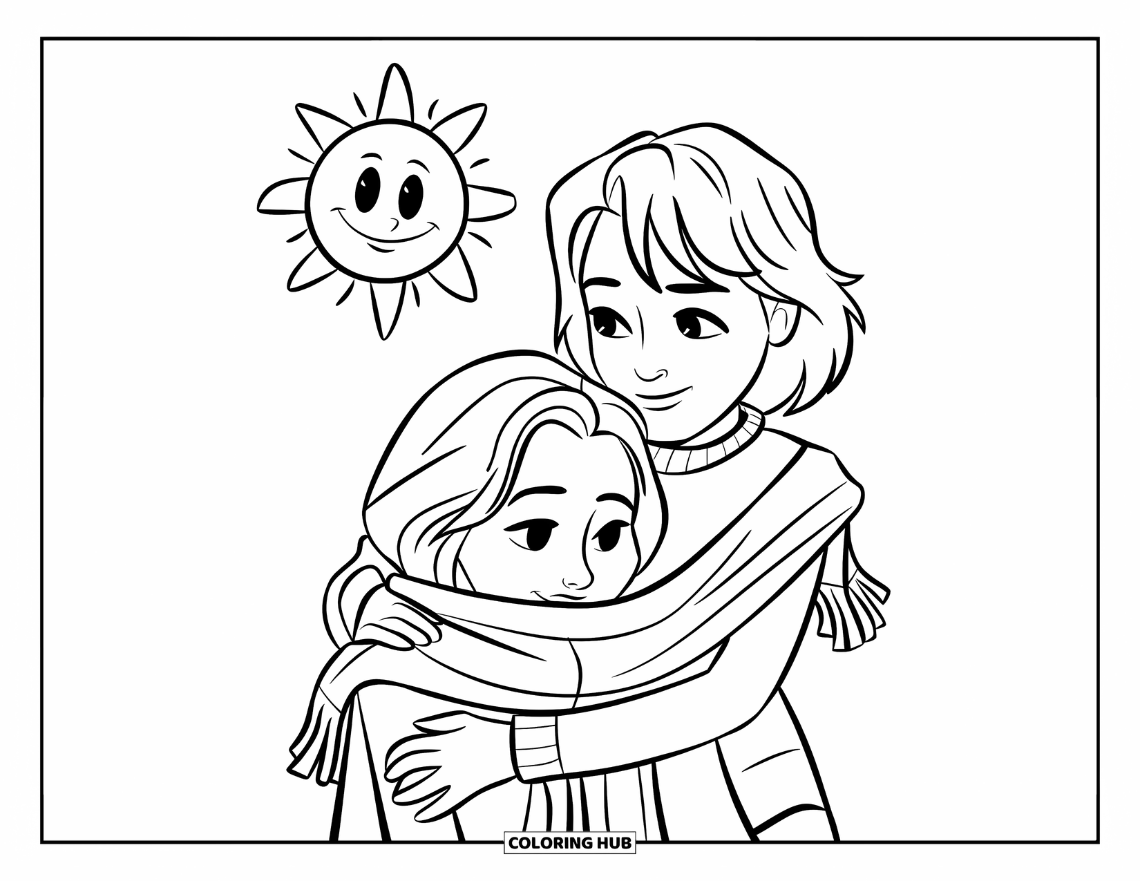 Happy Mothers Day Coloring Page for Kids: A teen wraps a scarf around their mom under a smiling sun