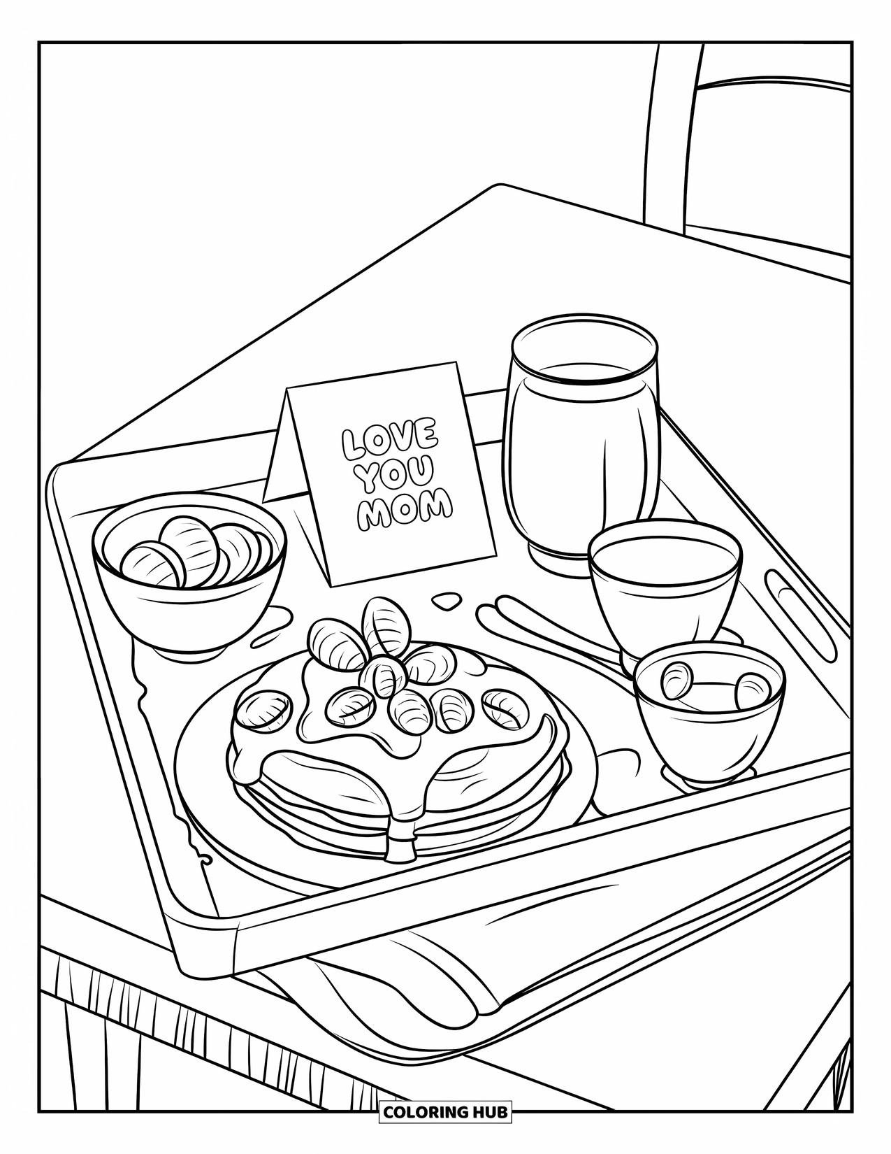 Happy Mothers Day Coloring Page for Kids: A tray with heart-shaped pancakes says "Love You Mom"