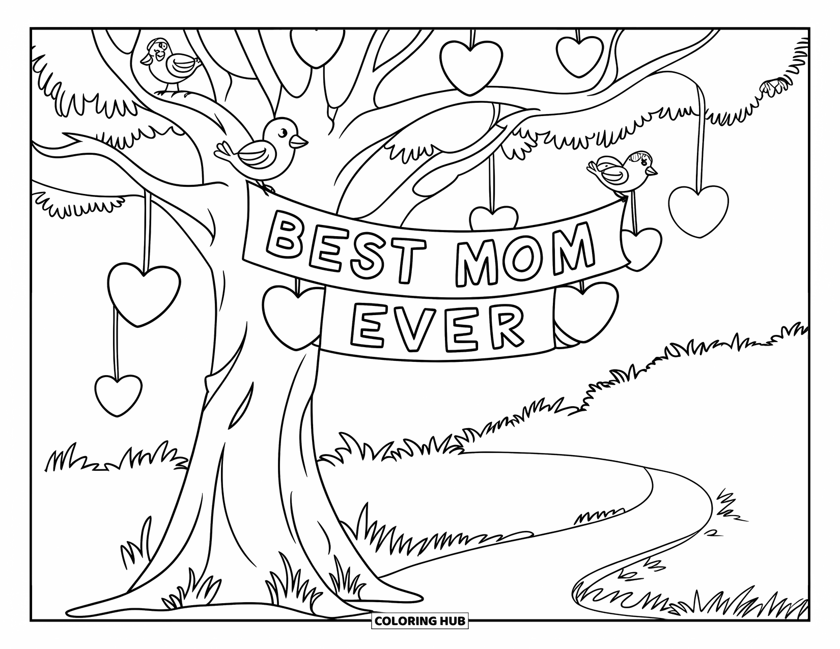 Happy Mothers Day Coloring Page for Kids: A tree with hanging hearts and a "Best Mom Ever" sign