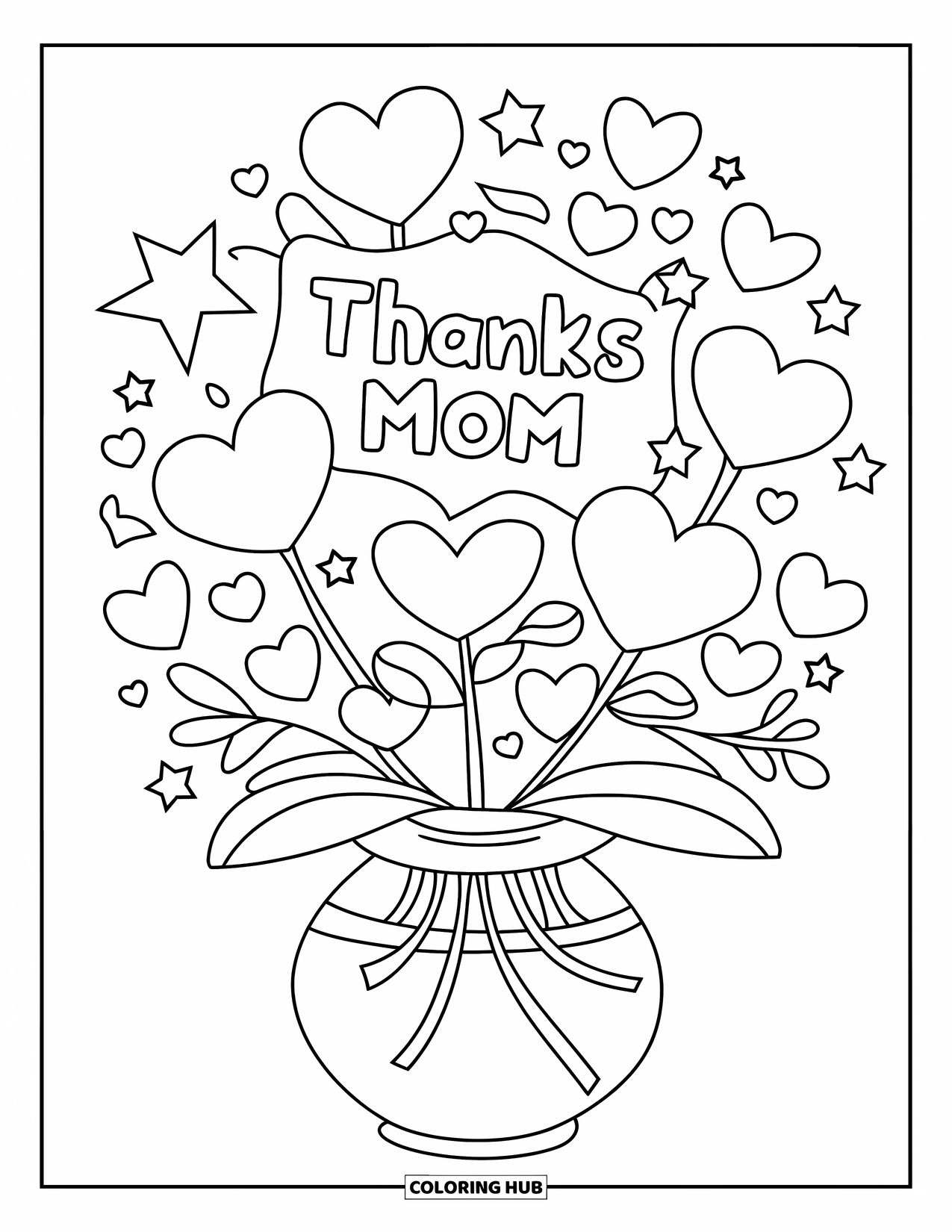 Happy Mothers Day Coloring Page for Kids: A vase of flowers and stars says "Thanks Mom"