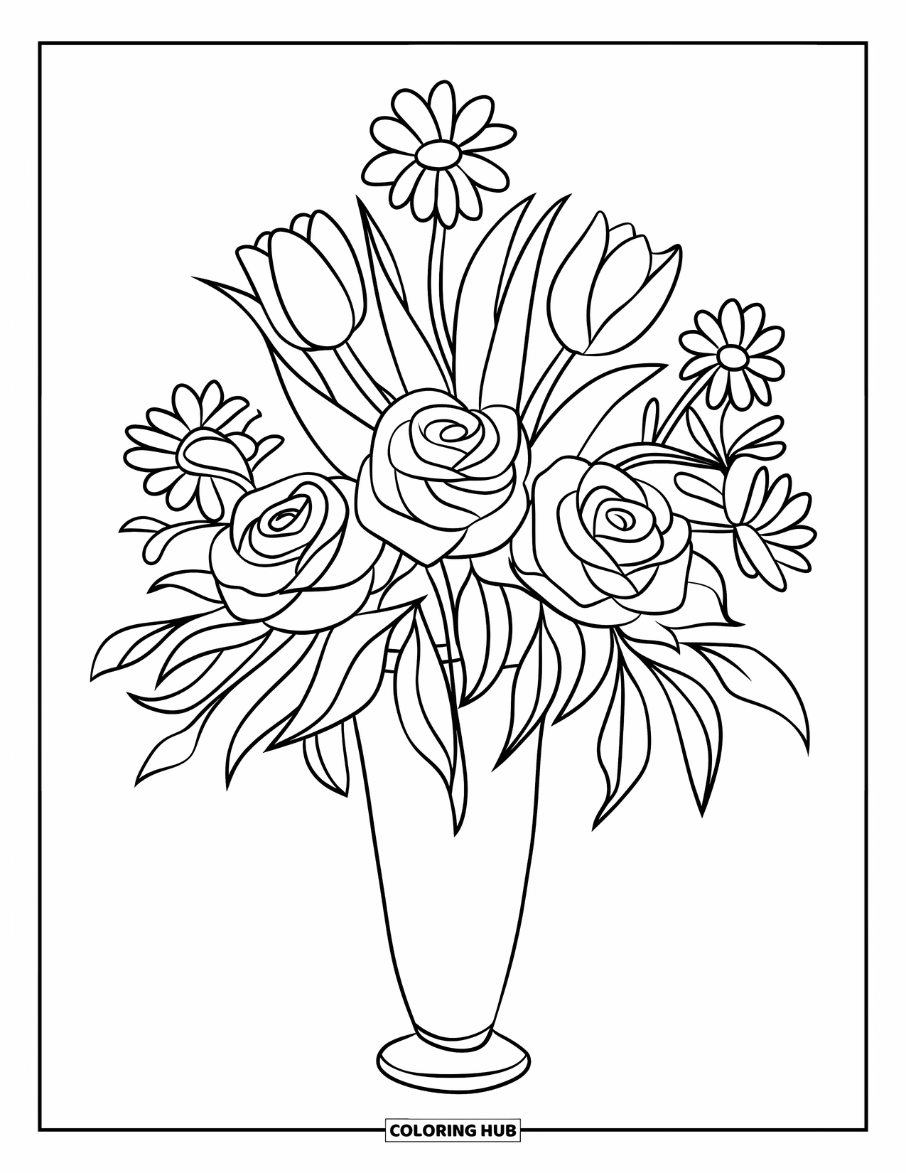 Happy Mothers Day Coloring Page for Kids: A vase with flowers and ribbon makes a sweet Mother's Day gift
