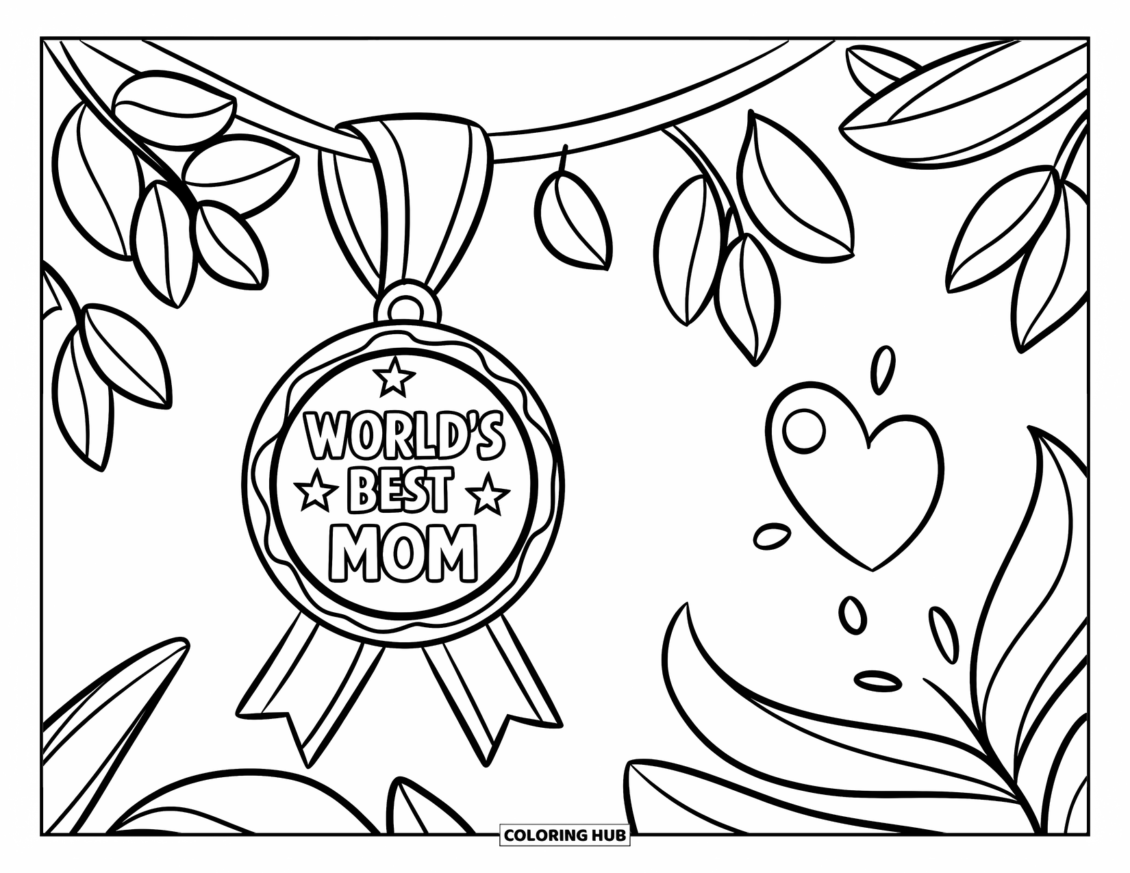 Happy Mothers Day Coloring Page for Kids: A "World's Best Mom" medal sparkles with stars and love
