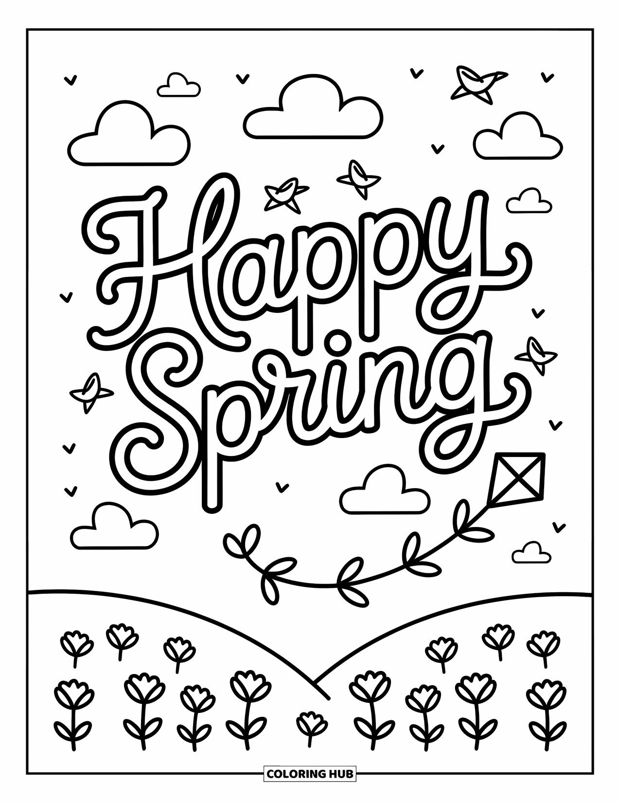 Happy Spring Coloring Page for Adults: A sky scene with "Happy Spring" surrounded by clouds and tiny flowered hills