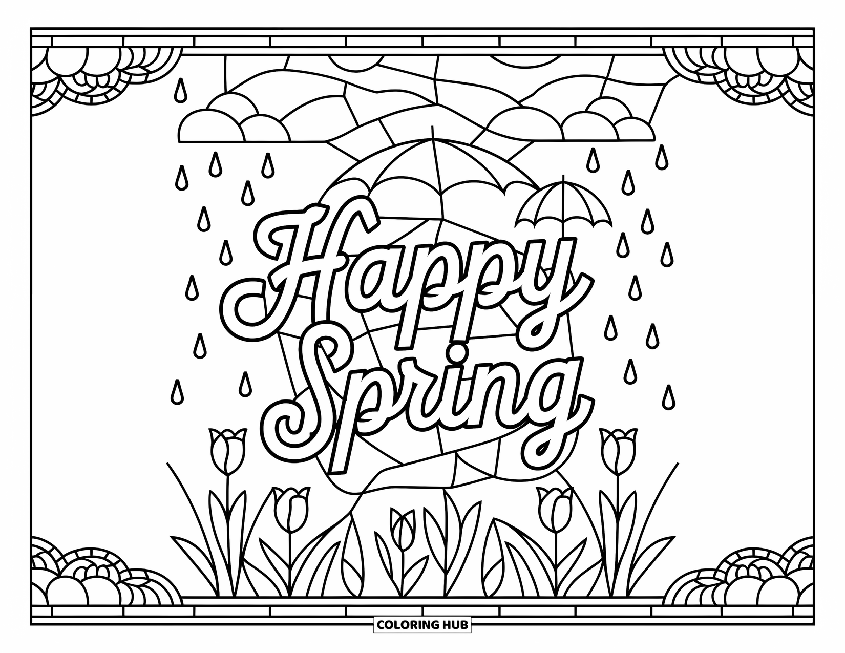 Happy Spring Coloring Page for Adults: Cursive "Happy Spring" layered on a stained-glass spring scene