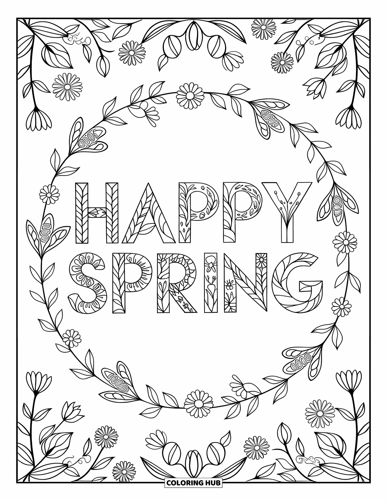 Happy Spring Coloring Page for Adults: Floral "Happy Spring" capitals ringed by vines, buds, and bees