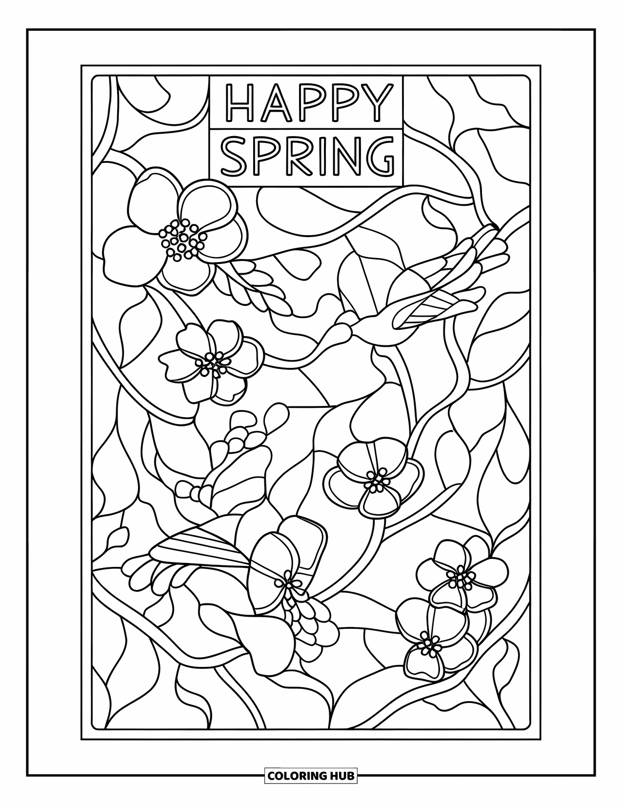 Happy Spring Coloring Page for Adults: "Happy Spring" calligraphy layered over stained-glass cherry branches