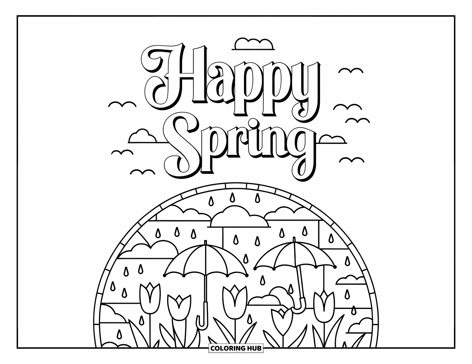 Happy Spring Coloring Page for Adults: "Happy Spring" cursive above a stained-glass circle of tulips and raindrops