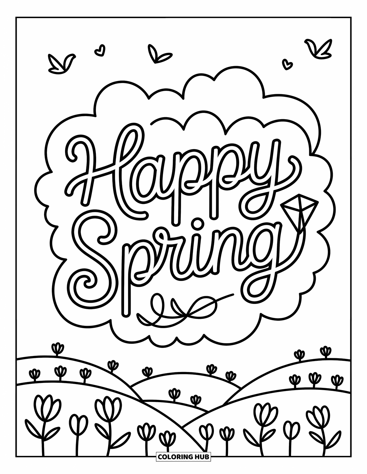 Happy Spring Coloring Page for Adults: "Happy Spring" floats in the sky with clouds, birds, and a playful kite