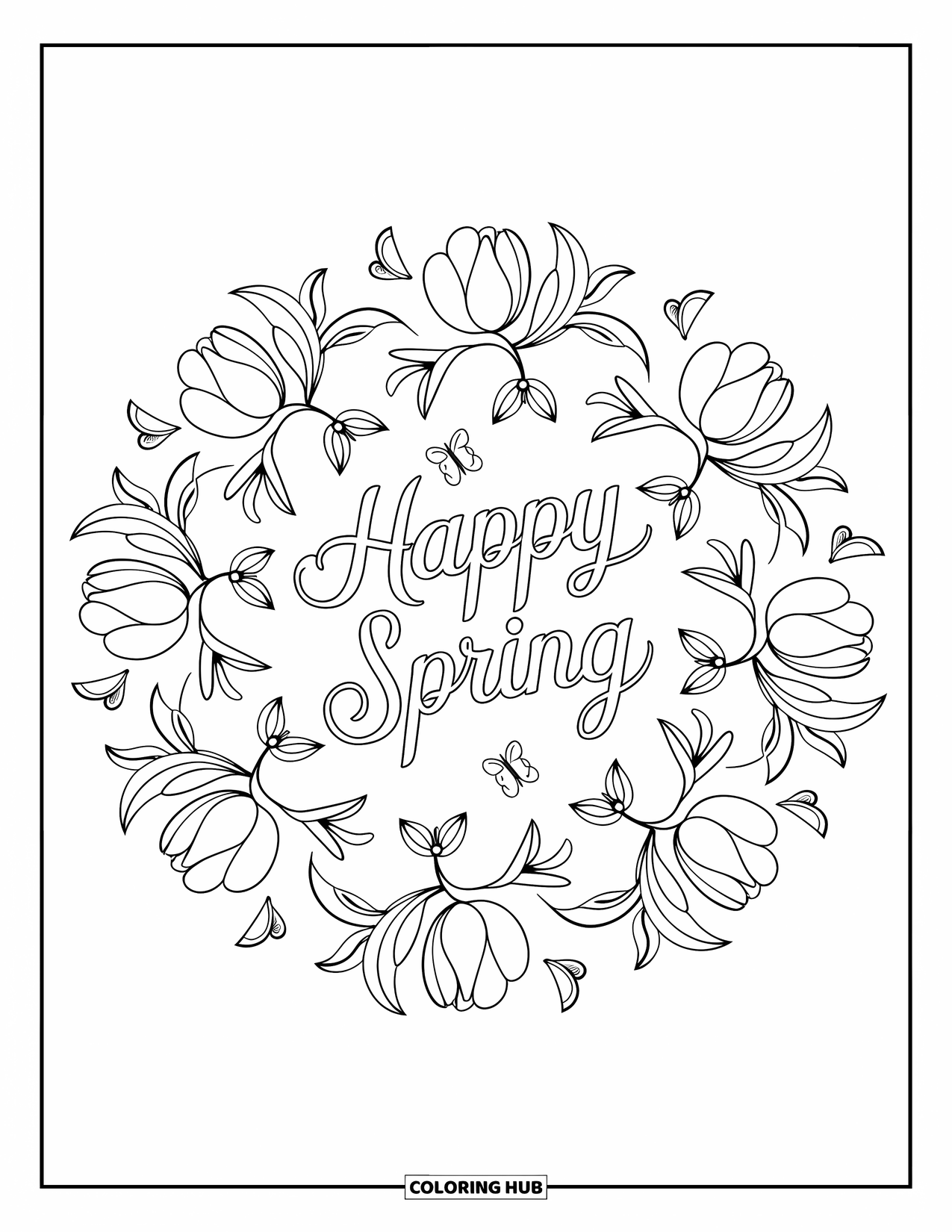 Happy Spring Coloring Page for Adults: "Happy Spring" hand-lettered inside a floral mandala with butterflies