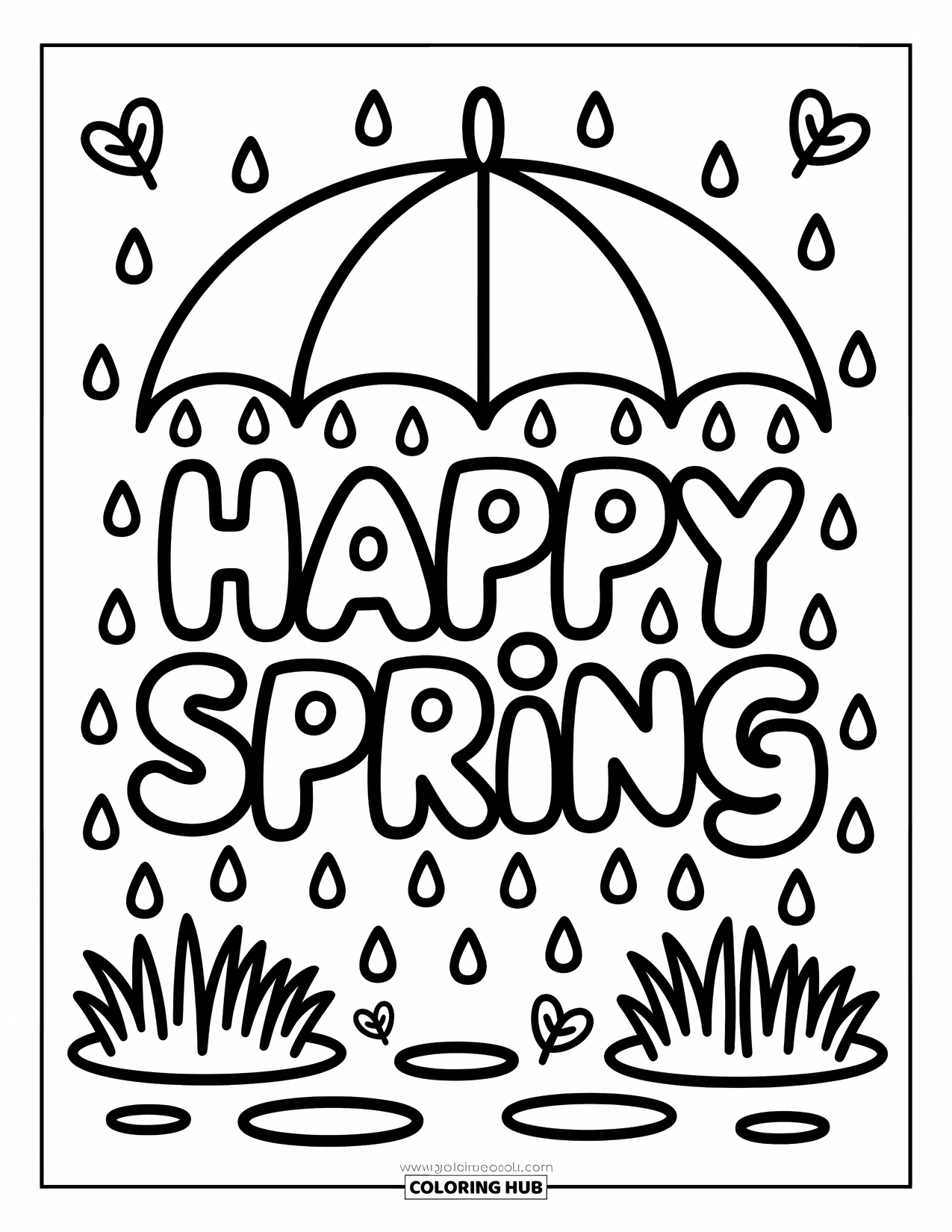 Happy Spring Coloring Page for Adults: Raindrop-dotted "Happy Spring" beneath an umbrella in a cozy spring shower