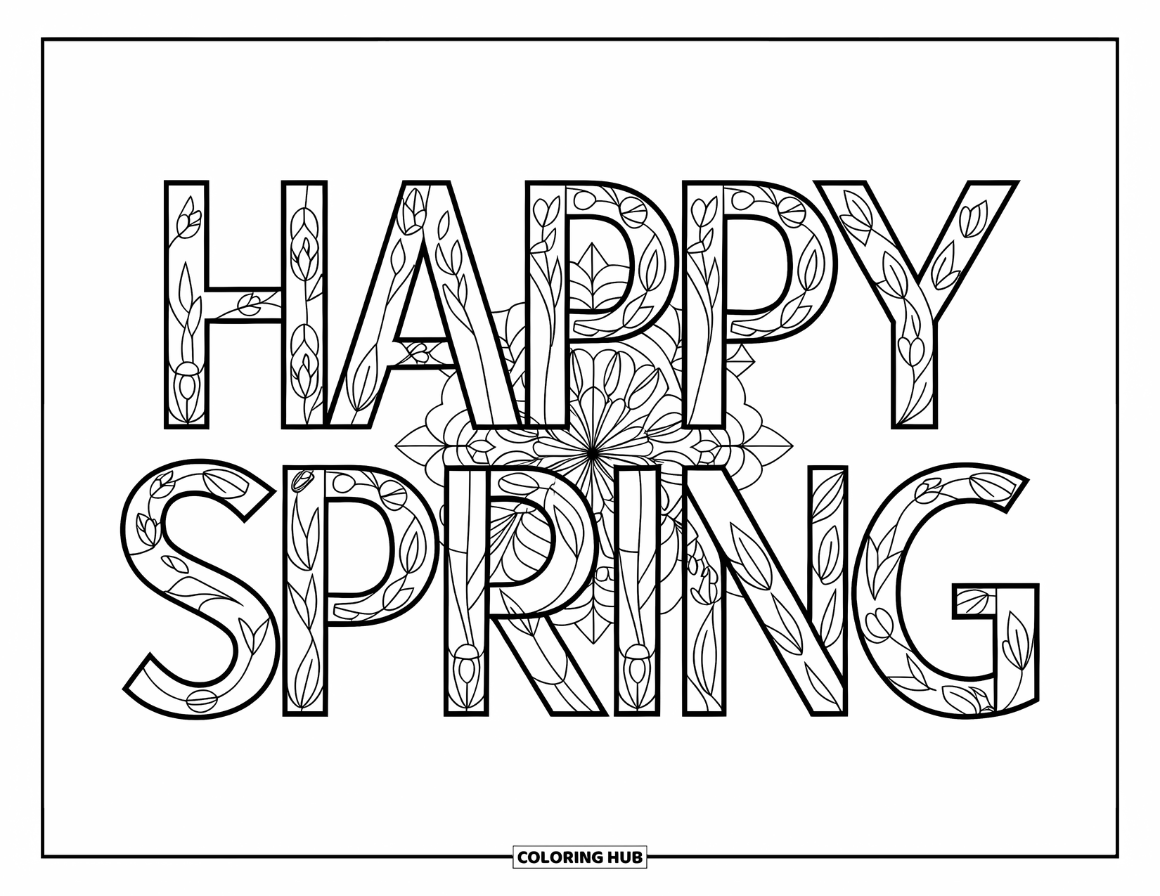 Happy Spring Coloring Page for Adults: Serif "Happy Spring" letters filled with petals inside a butterfly mandala