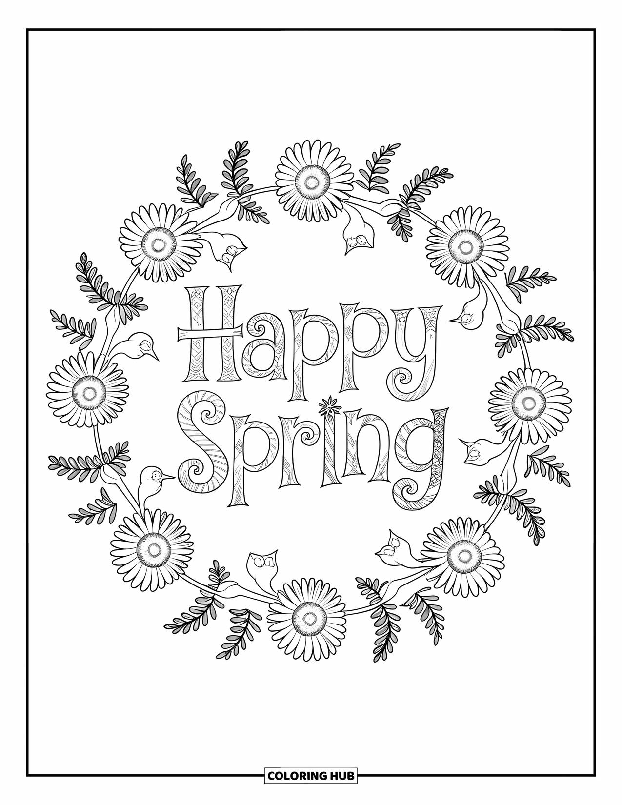 Happy Spring Coloring Page for Adults: Whimsical "Happy Spring" surrounded by a mandala of sunflowers and birds