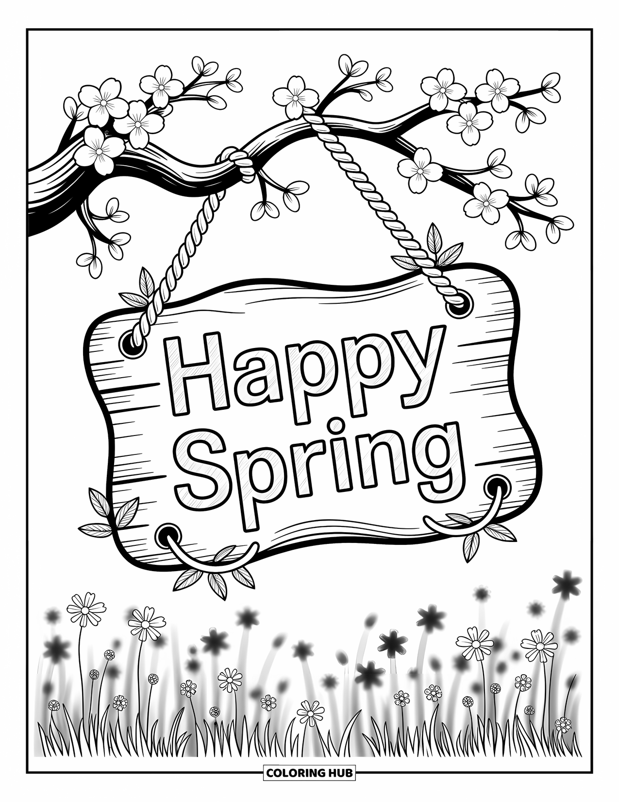Happy Spring Coloring Page for Adults: Wooden sign with "Happy Spring" surrounded by tiny flowers and soft light