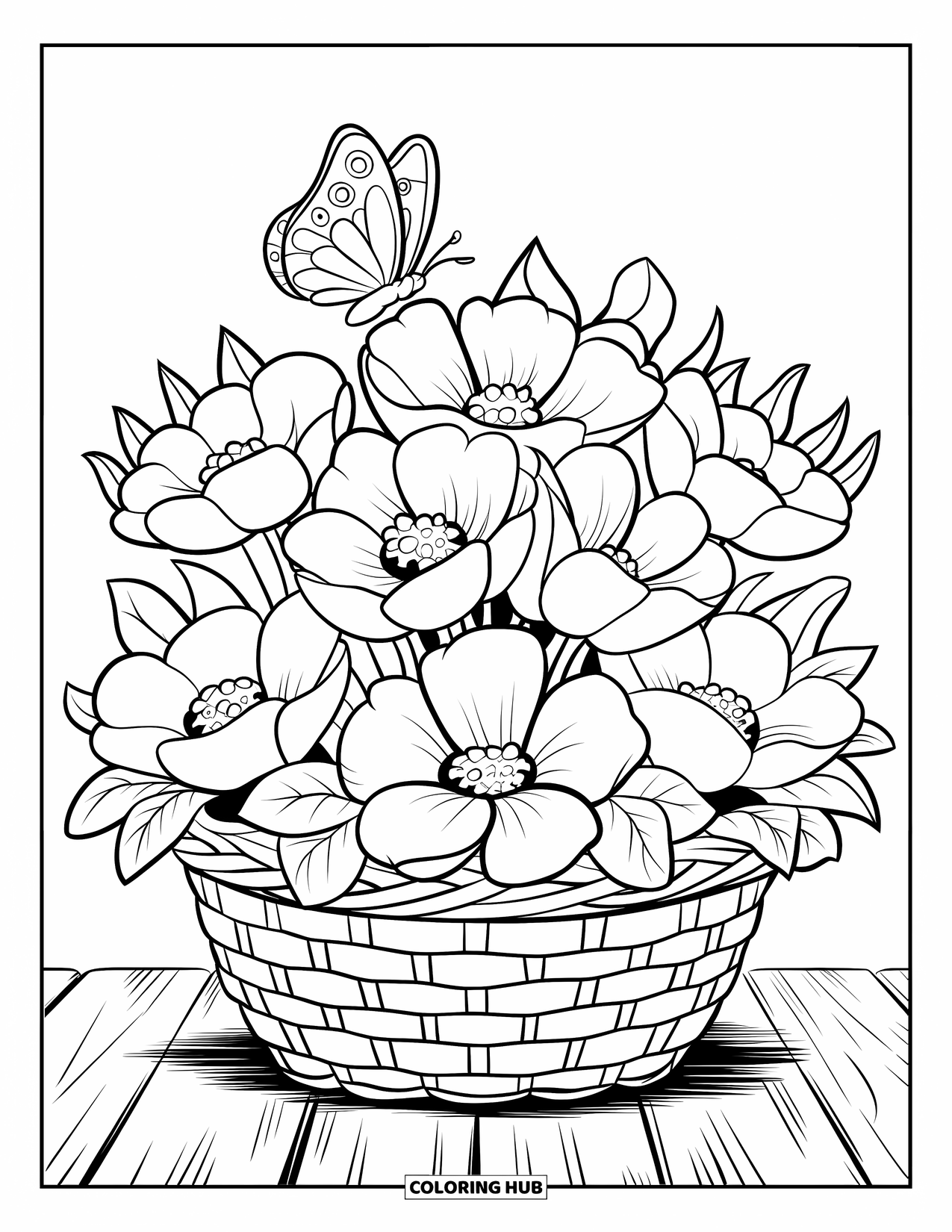 Happy Spring Coloring Page for Kids: A basket of spring flowers with a butterfly resting nearby