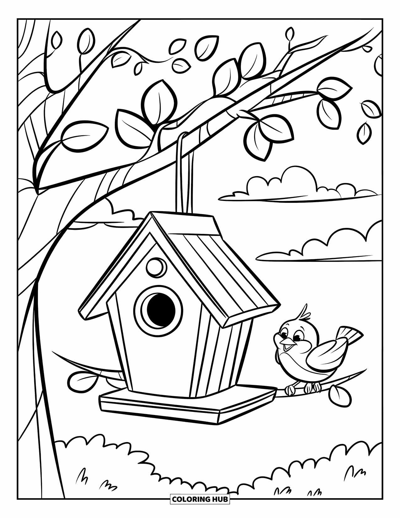 Happy Spring Coloring Page for Kids: A bird sings beside its house hanging from a leafy branch