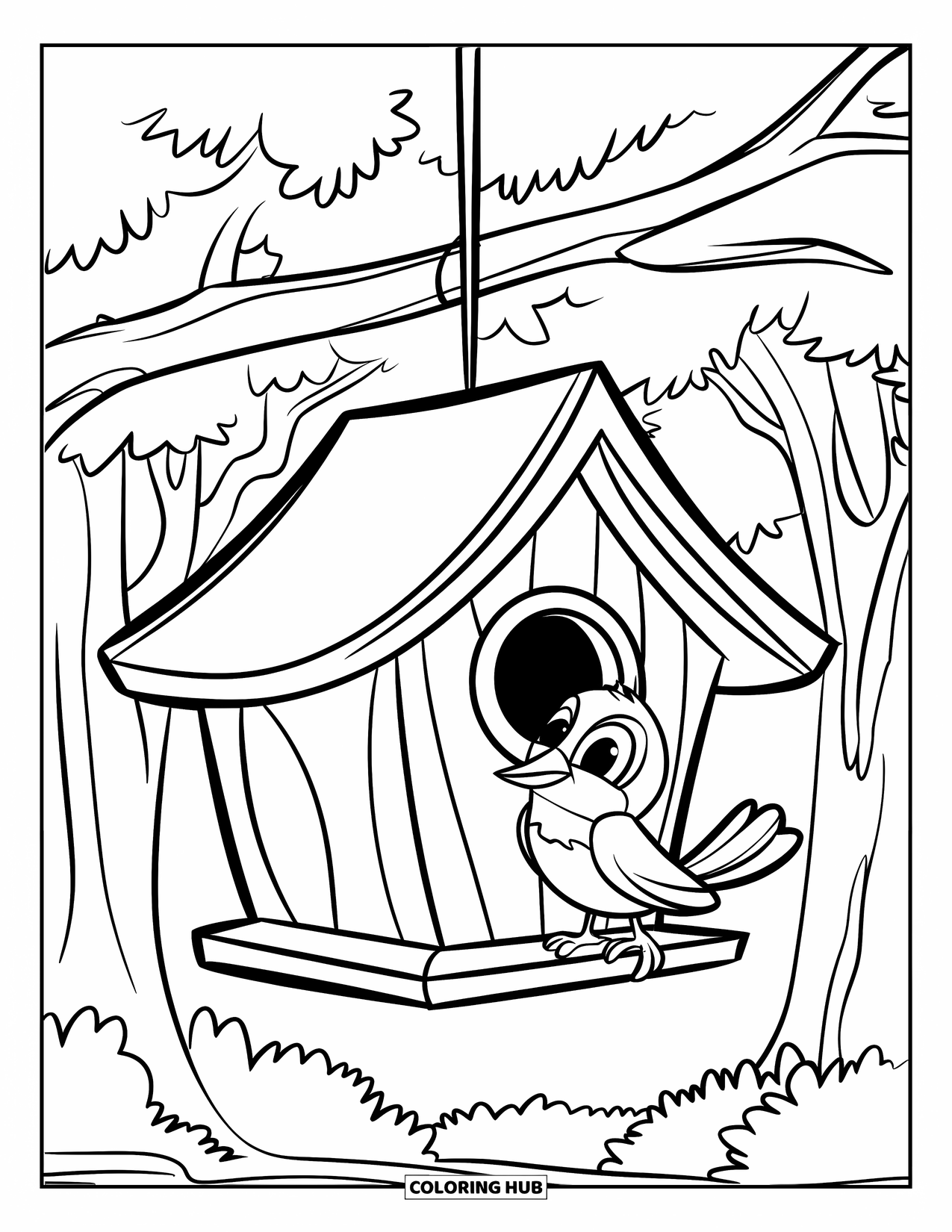 Happy Spring Coloring Page for Kids: A birdhouse with a perched bird hanging from a tree