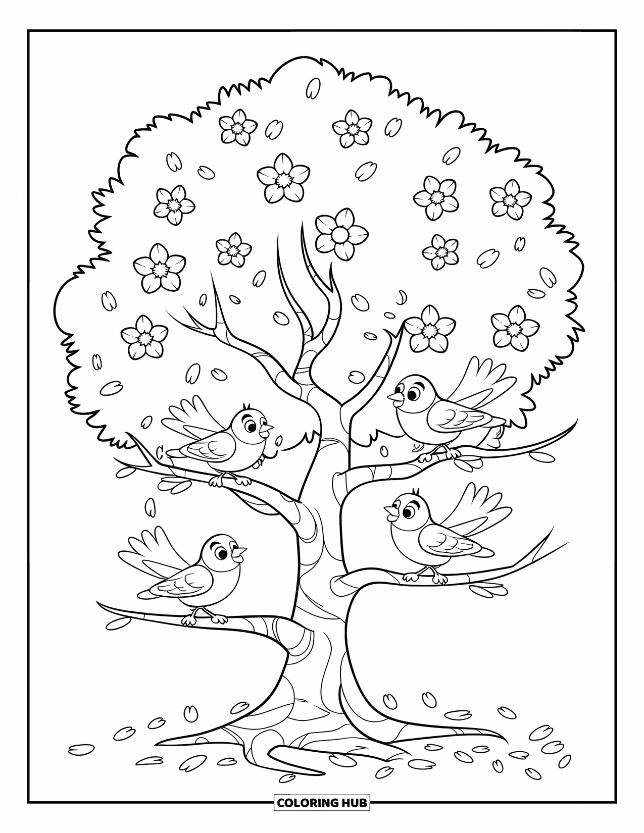 Happy Spring Coloring Page for Kids: A blooming tree with roots and chirping birds above petals