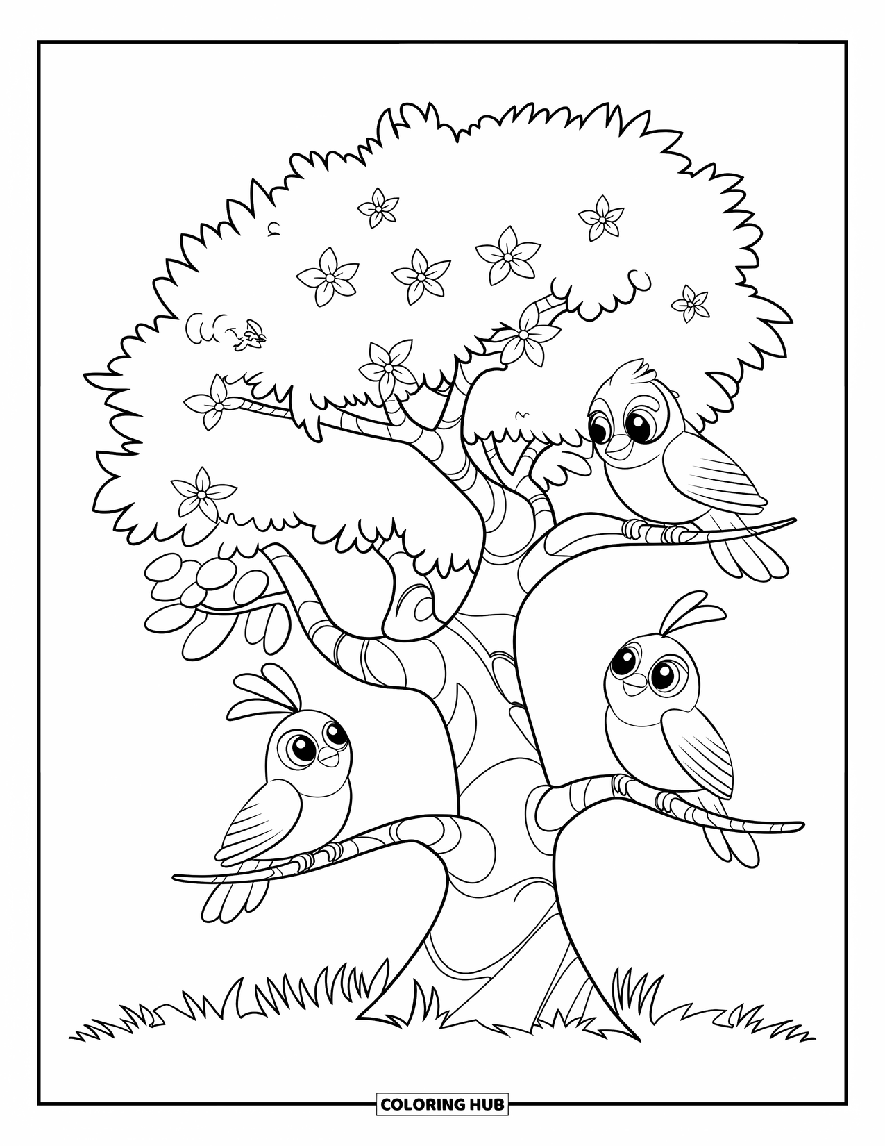 Happy Spring Coloring Page for Kids: A blossoming tree with three cheerful birds singing together