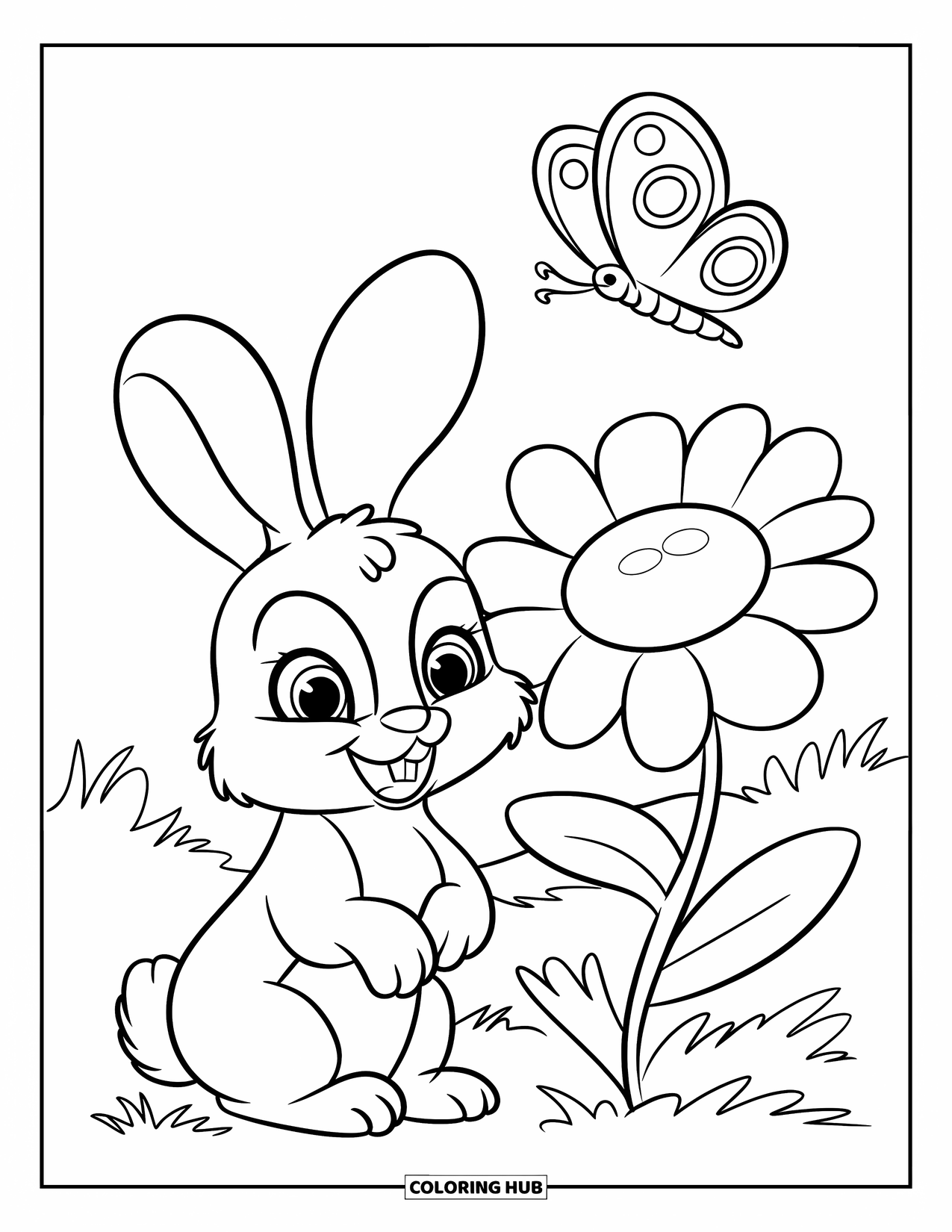 Happy Spring Coloring Page for Kids: A bunny and butterfly rest beside a giant spring blossom