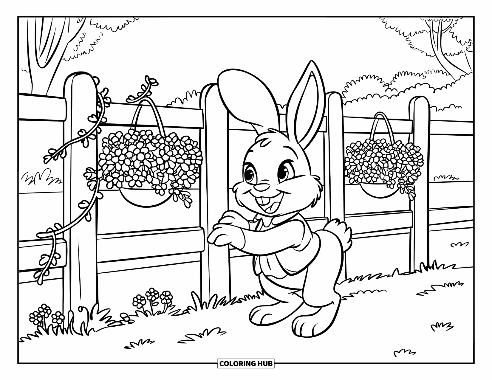 Happy Spring Coloring Page for Kids: A bunny in a garden by a fence with blooming vines