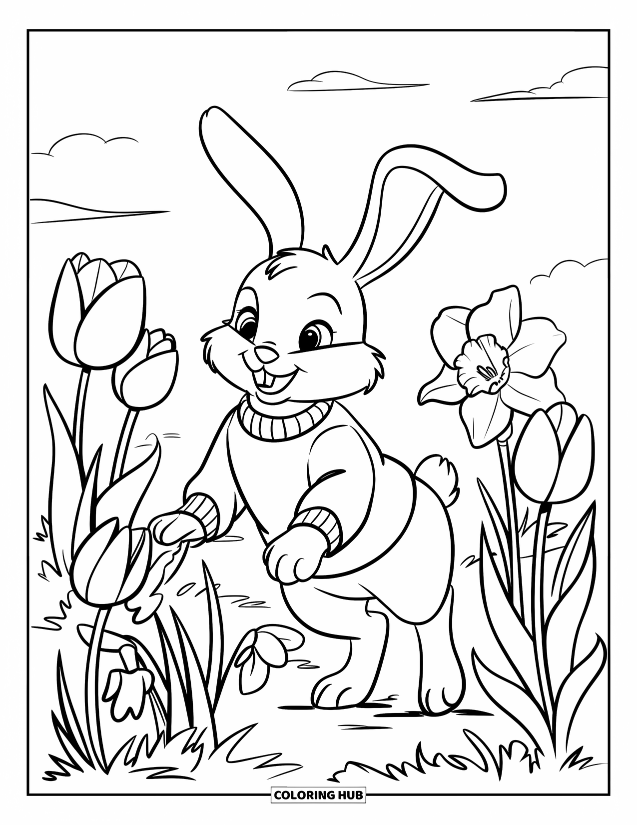 Happy Spring Coloring Page for Kids: A bunny leaps through tulips and daffodils under the spring sky