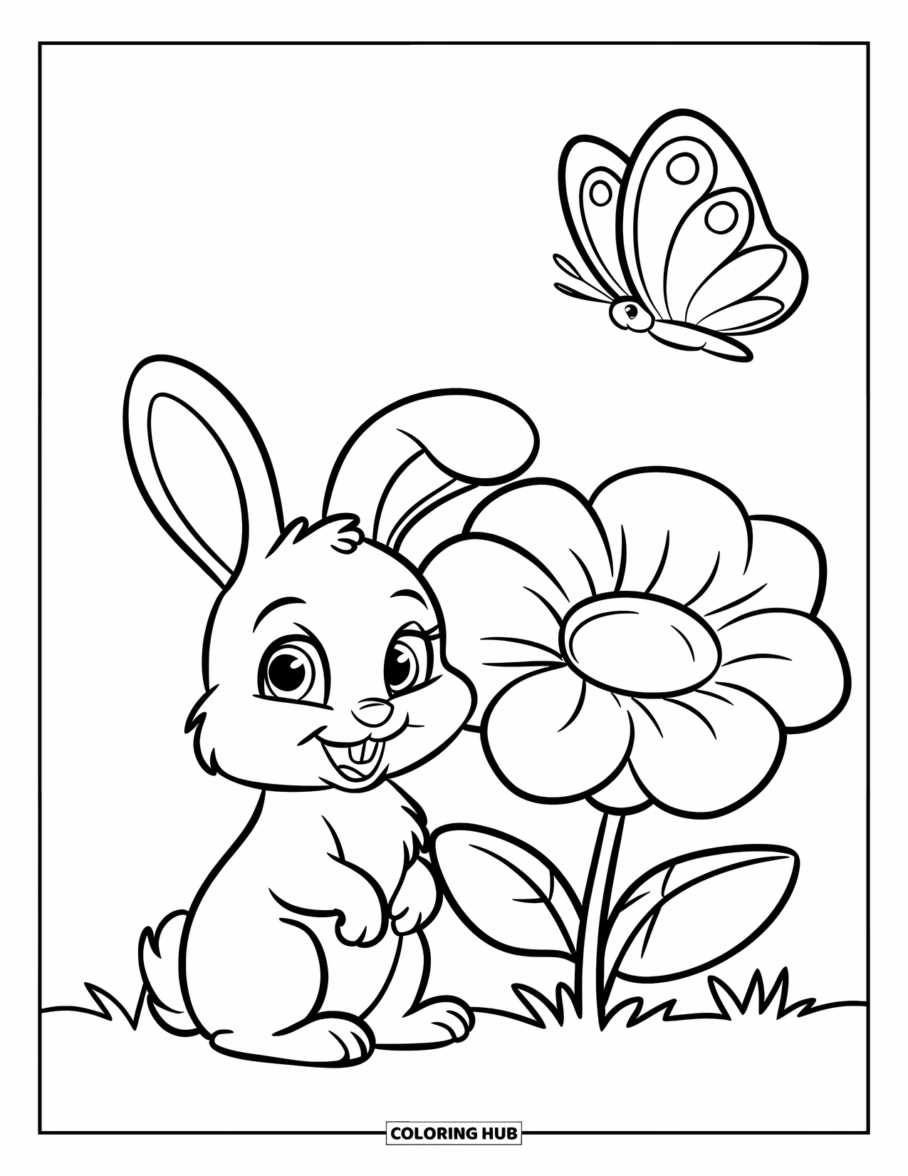 Happy Spring Coloring Page for Kids: A bunny sits by a flower while a butterfly floats overhead