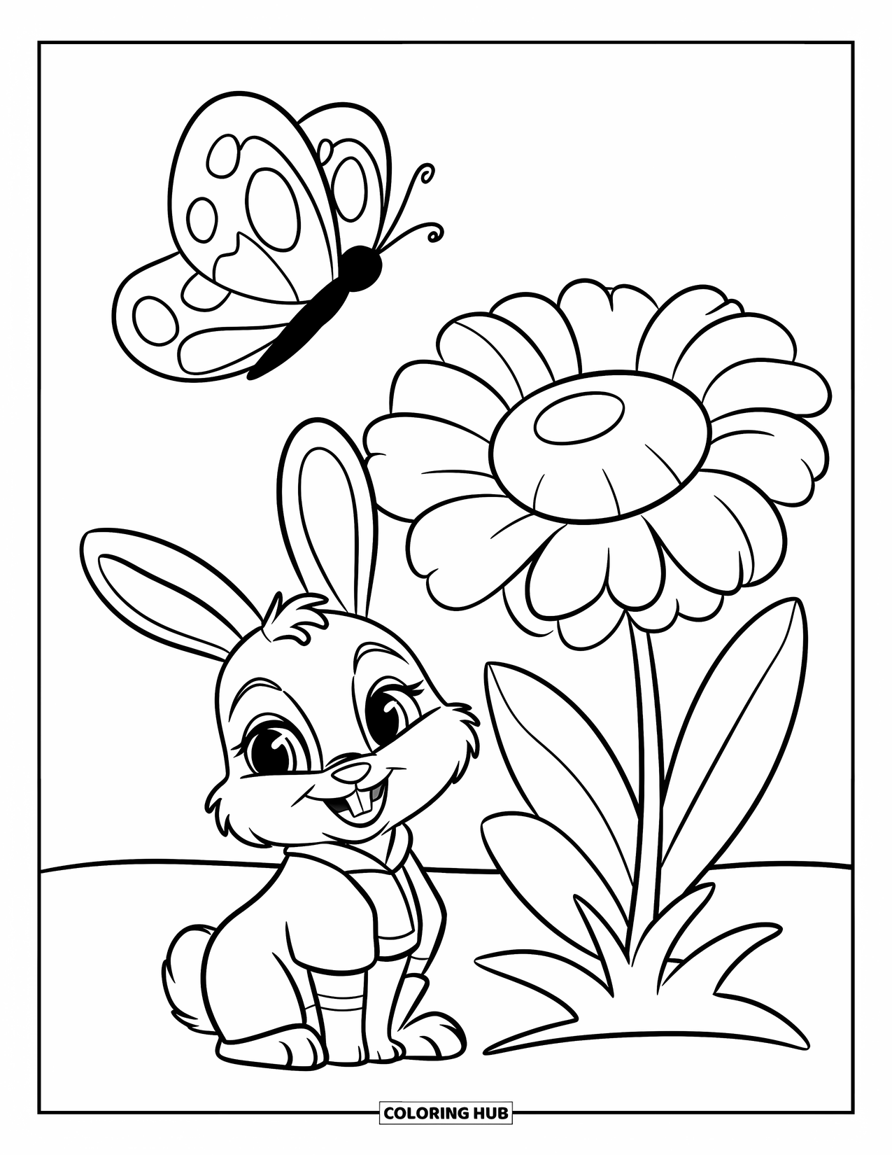 Happy Spring Coloring Page for Kids: A cheerful bunny beside a flower with a butterfly flying by