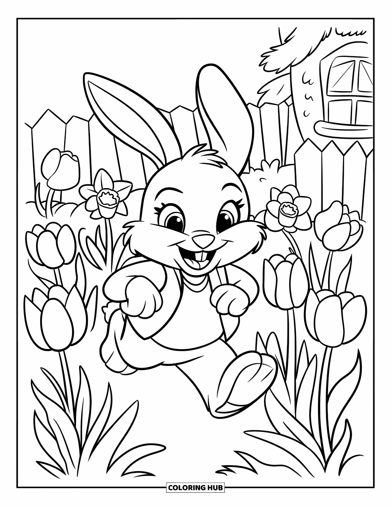 Happy Spring Coloring Page for Kids: A cheerful bunny bounces through a meadow of flowers