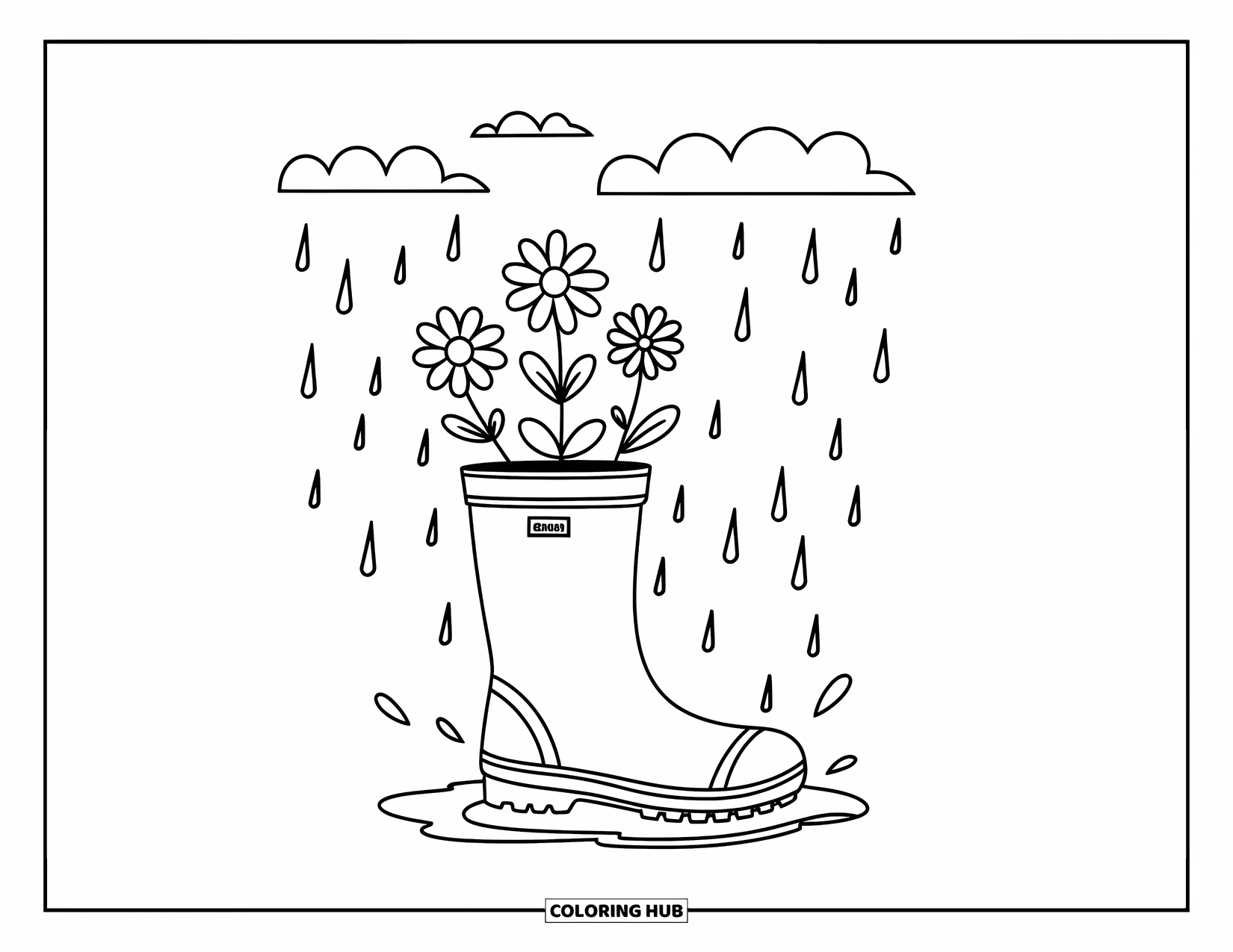 Happy Spring Coloring Page for Kids: A cheerful rain boot with flowers growing inside it