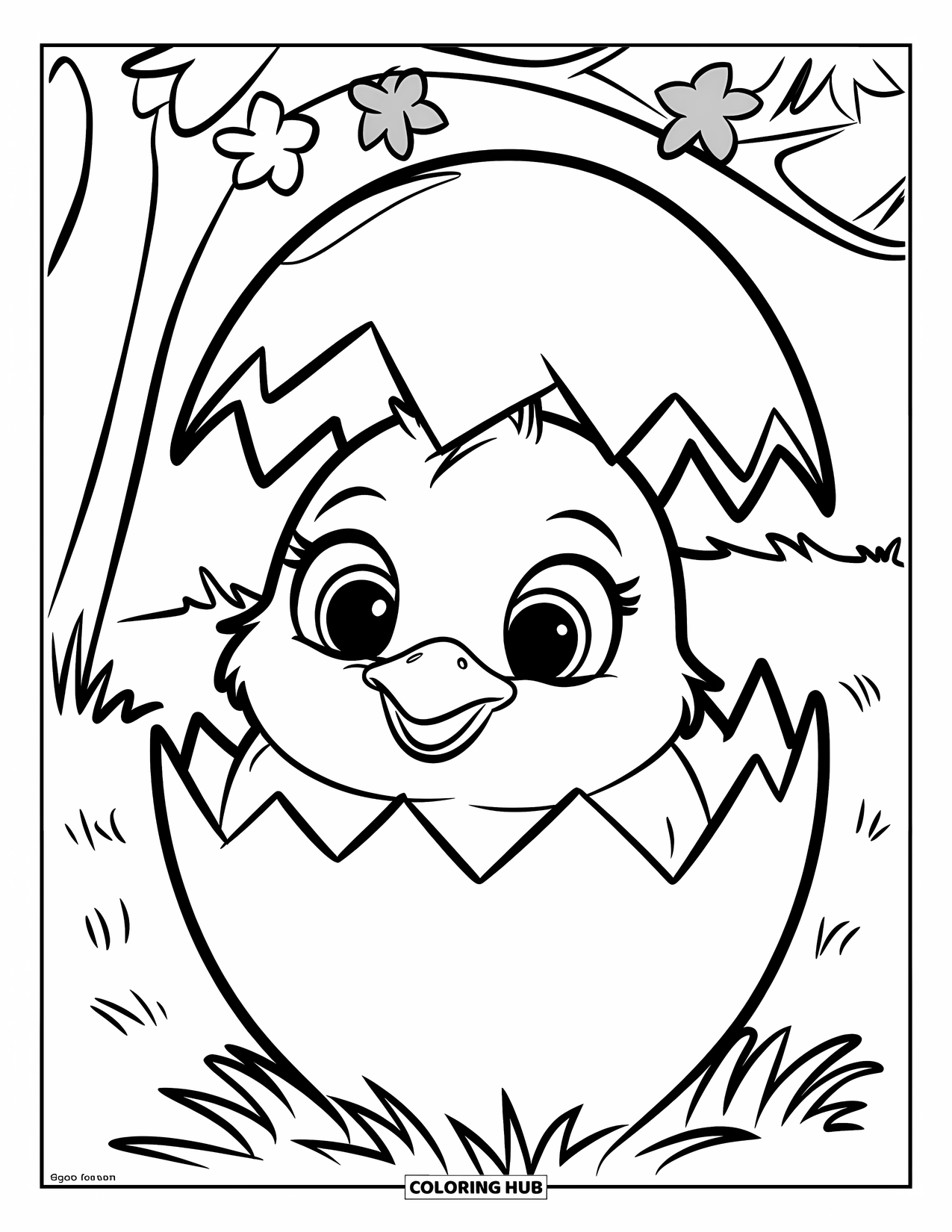 Happy Spring Coloring Page for Kids: A chick hatching under a blooming tree in springtime