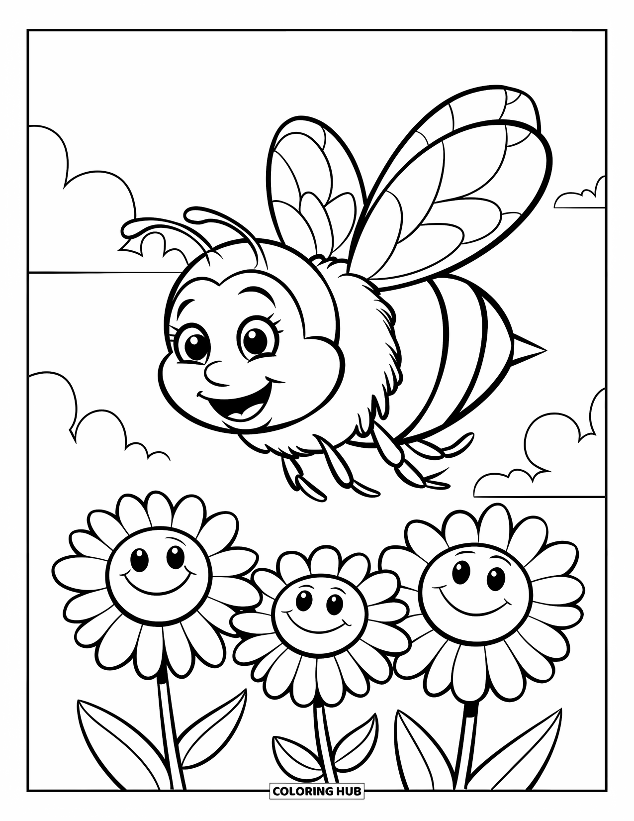 Happy Spring Coloring Page for Kids: A chubby bee flying over three smiling daisies