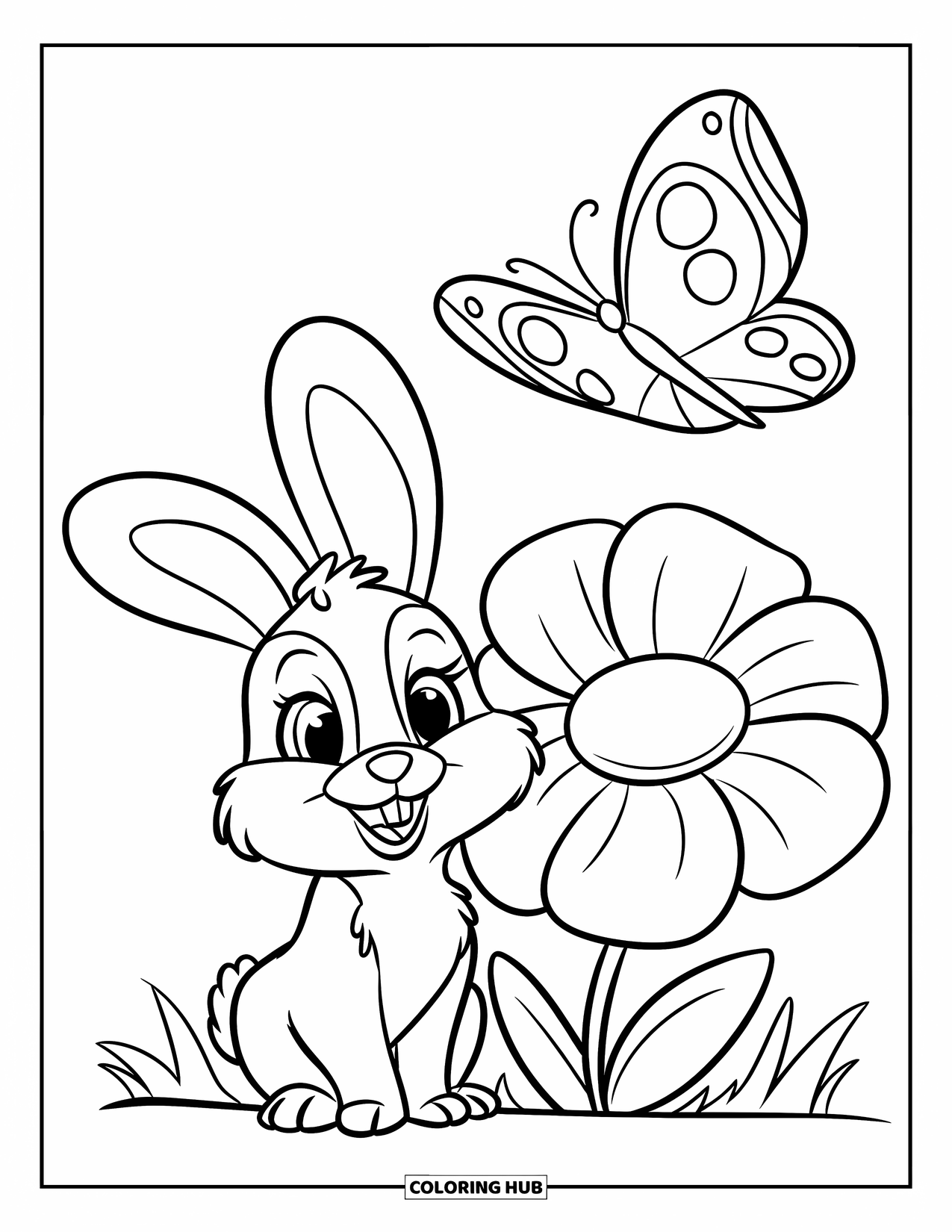 Happy Spring Coloring Page for Kids: A cute bunny sits beside a big flower and a butterfly