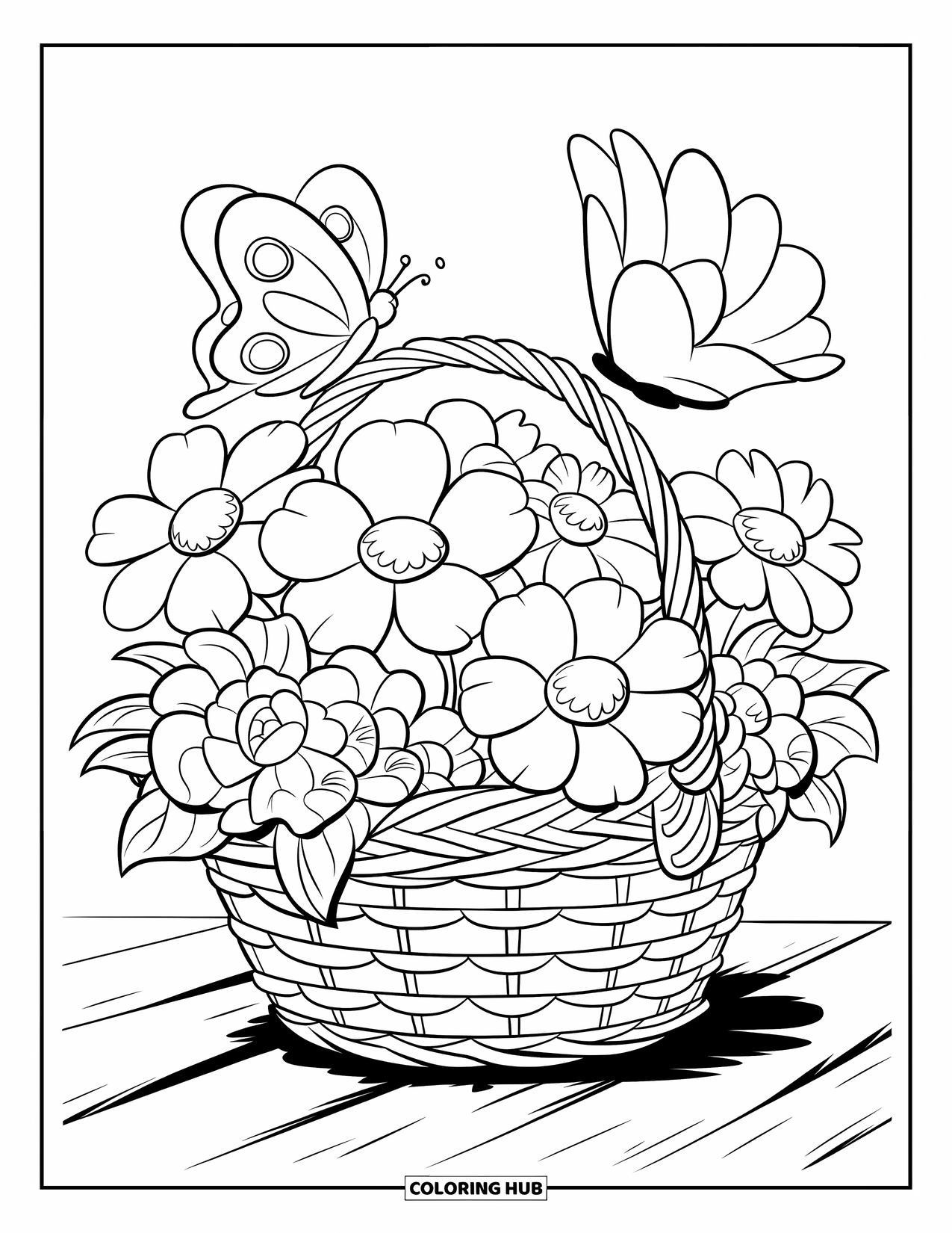 Happy Spring Coloring Page for Kids: A flower basket with blooms and a tiny butterfly perched on top