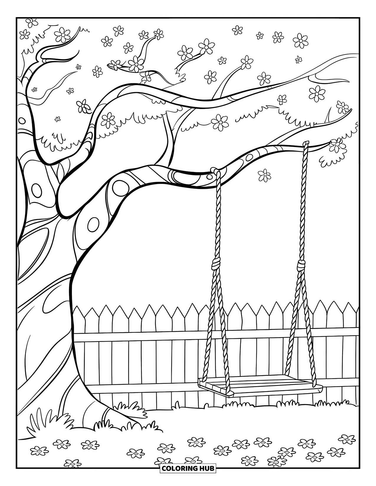 Happy Spring Coloring Page for Kids: A flowering tree with a wooden swing near a white fence