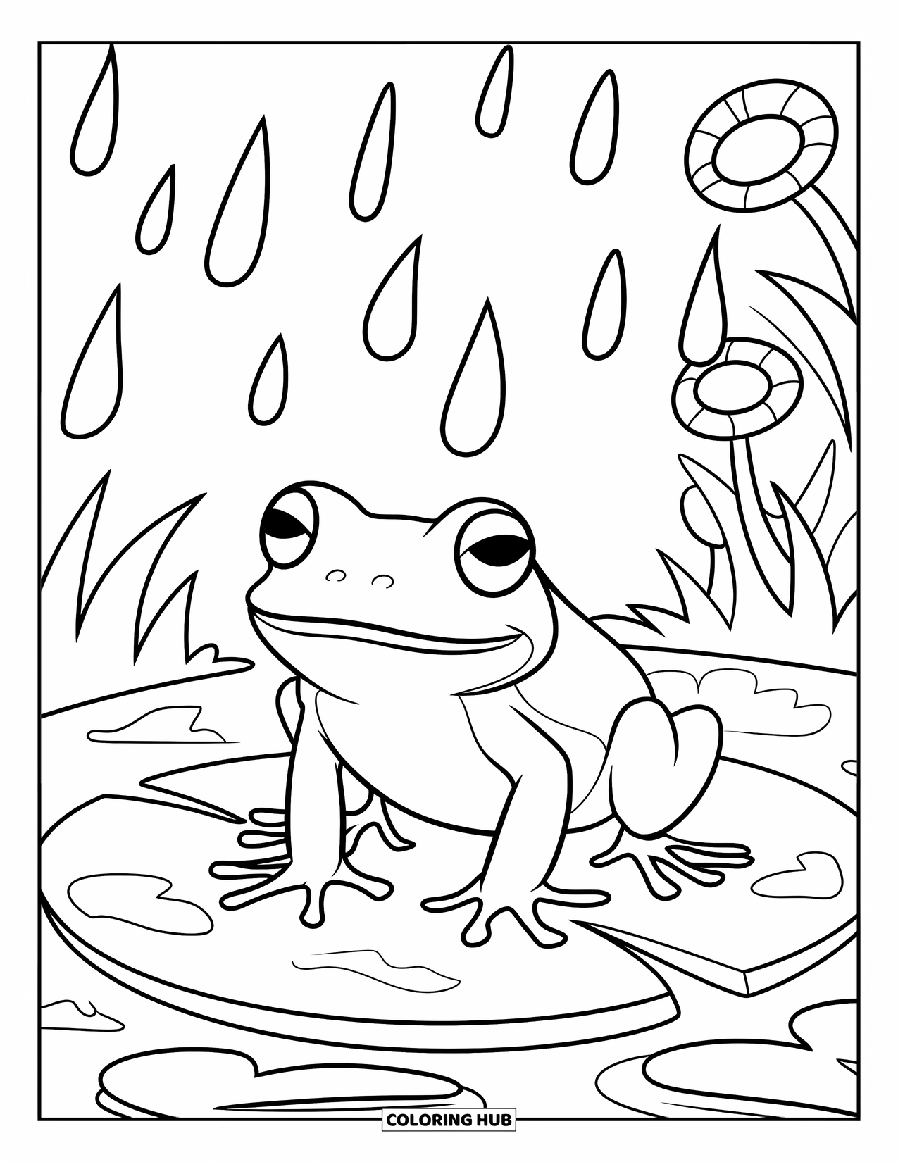 Happy Spring Coloring Page for Kids: A frog wearing a hat sits on a lily pad in the spring rain
