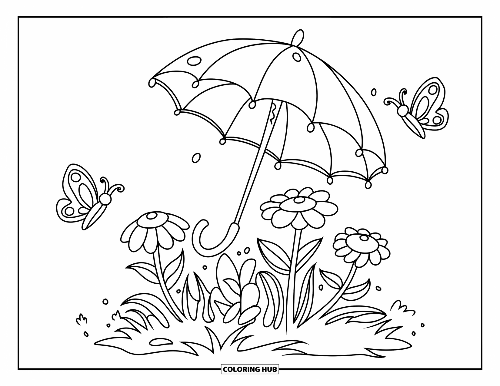 Happy Spring Coloring Page for Kids: A heart-shaped umbrella shades flowers and fluttering butterflies