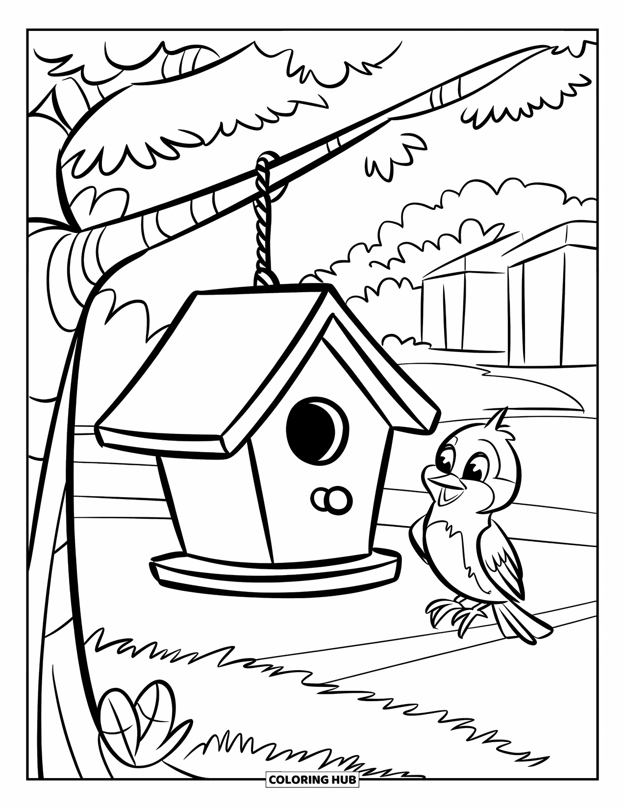 Happy Spring Coloring Page for Kids: A park tree with a birdhouse and a cheerful bird nearby