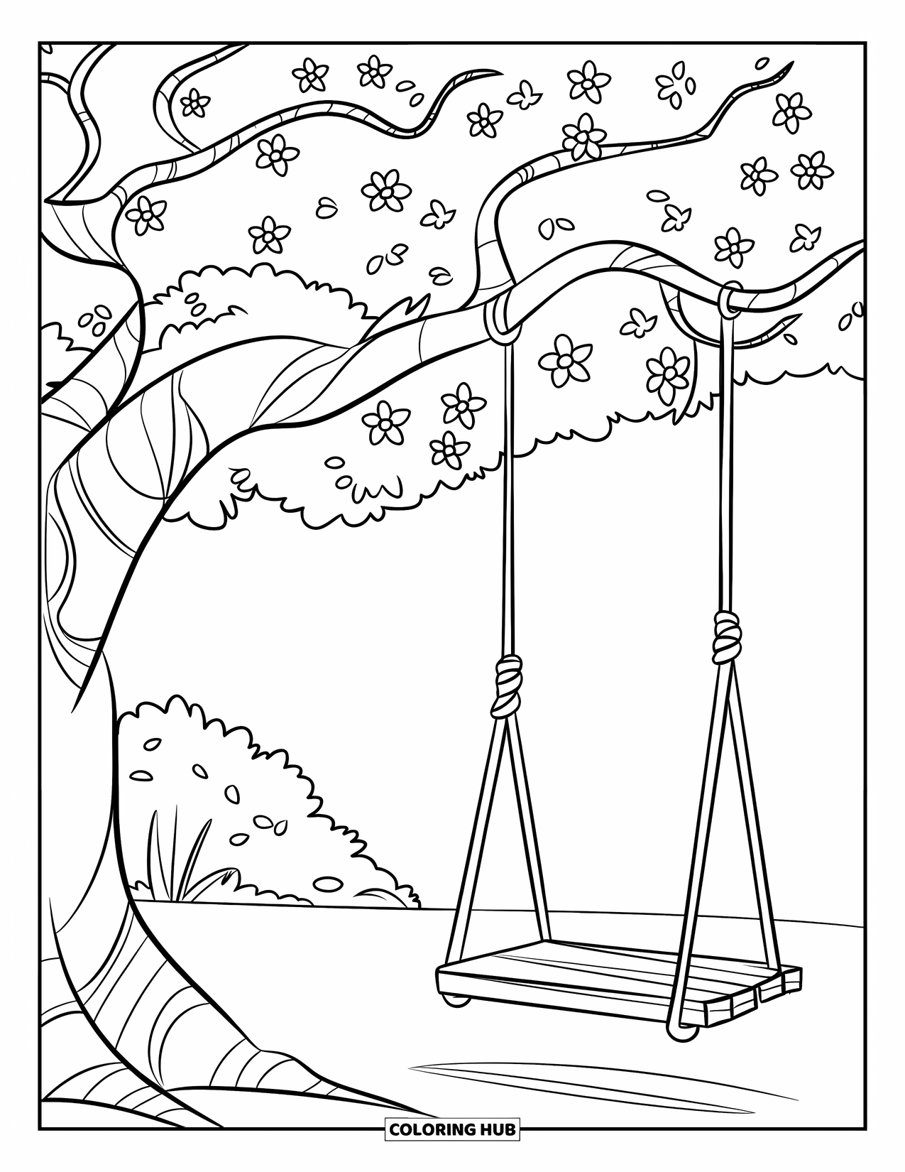 Happy Spring Coloring Page for Kids: A pink-blossomed tree with a swing in a green field