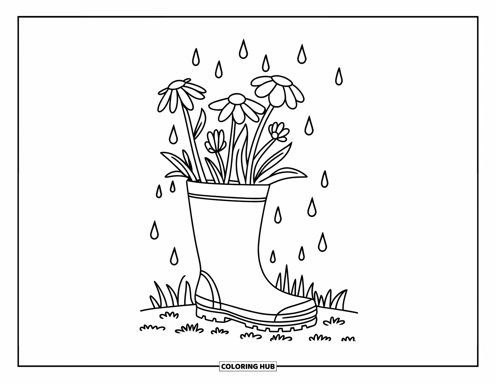 Happy Spring Coloring Page for Kids: A rain boot filled with flowers and falling raindrops