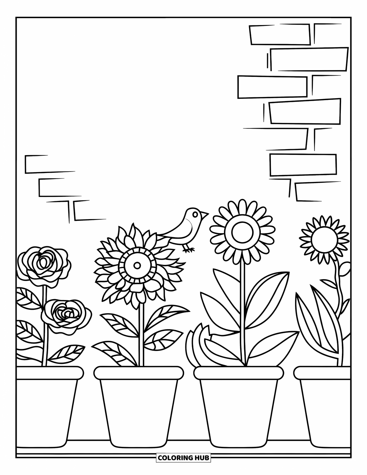 Happy Spring Coloring Page for Kids: A row of flower pots with sunflowers, tulips, and a tiny bird