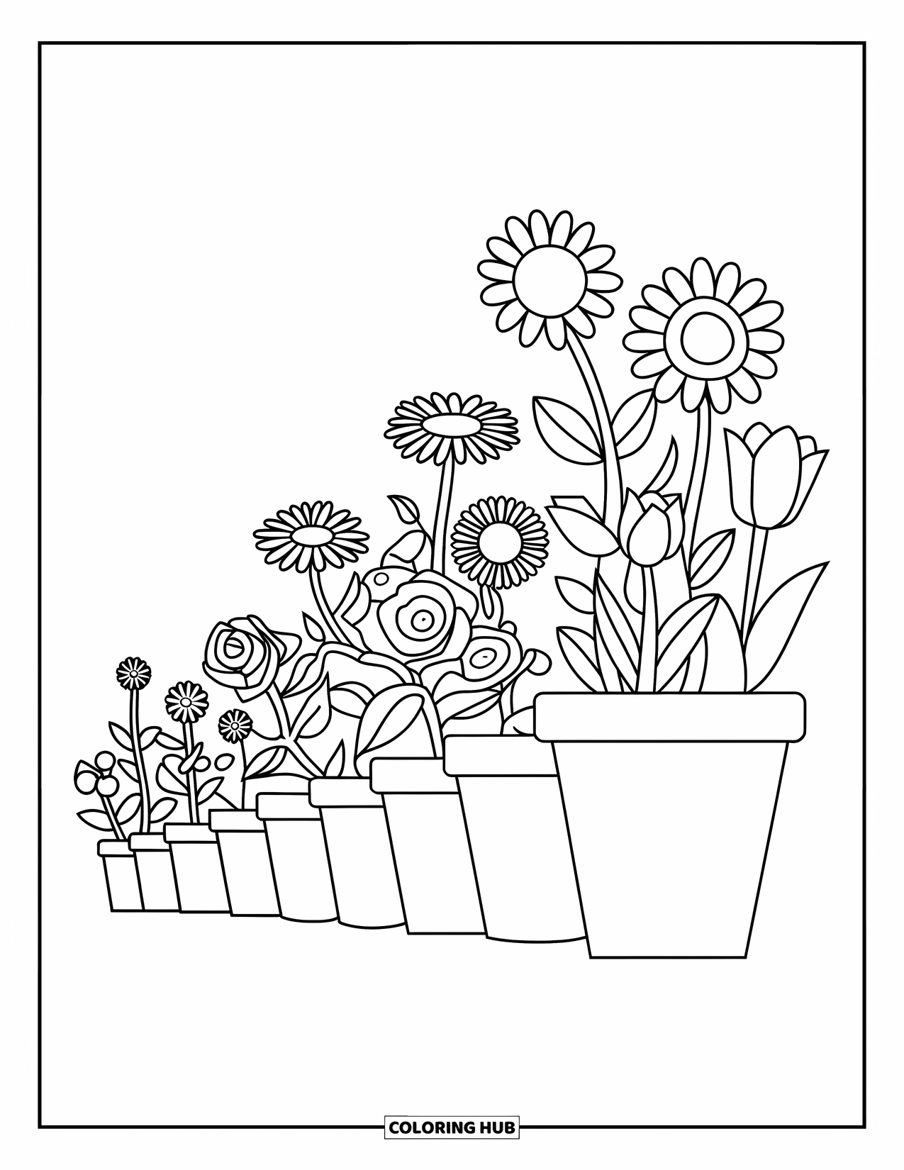 Happy Spring Coloring Page for Kids: A row of potted flowers including roses, tulips, and daisies